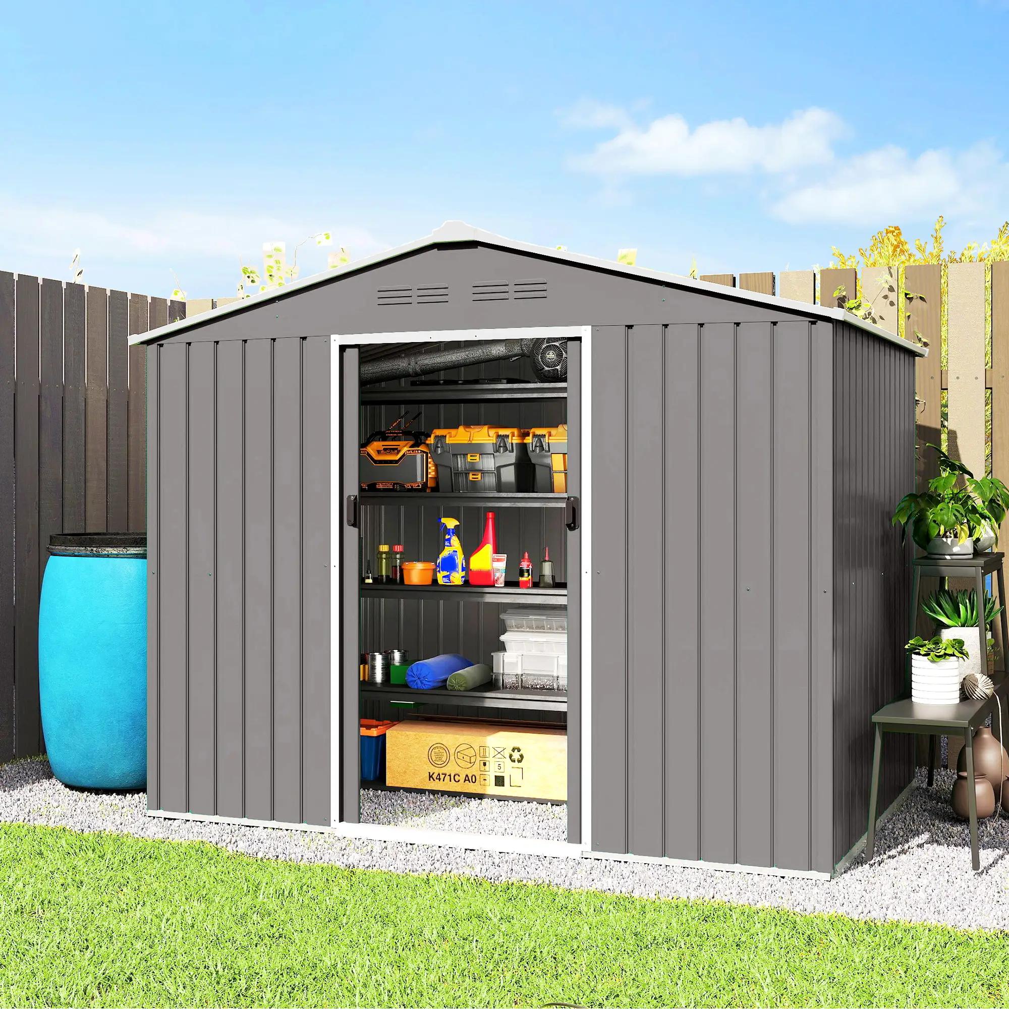 8' x 6' Metal Outdoor Storage Shed, Lockable Sliding Doors, Light Grey - Image 8