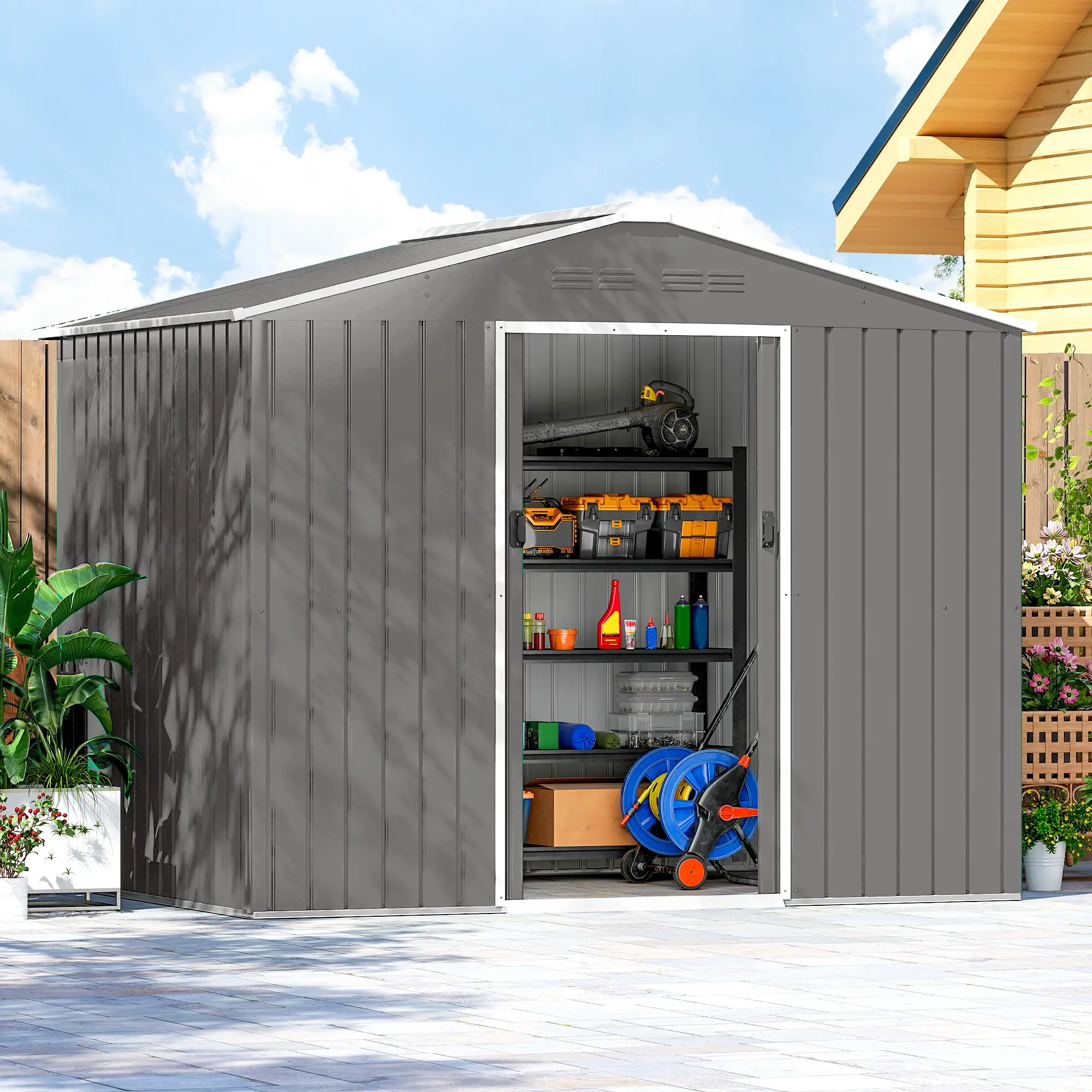 8' x 6' Metal Outdoor Storage Shed, Lockable Sliding Doors, Light Grey - Image 9