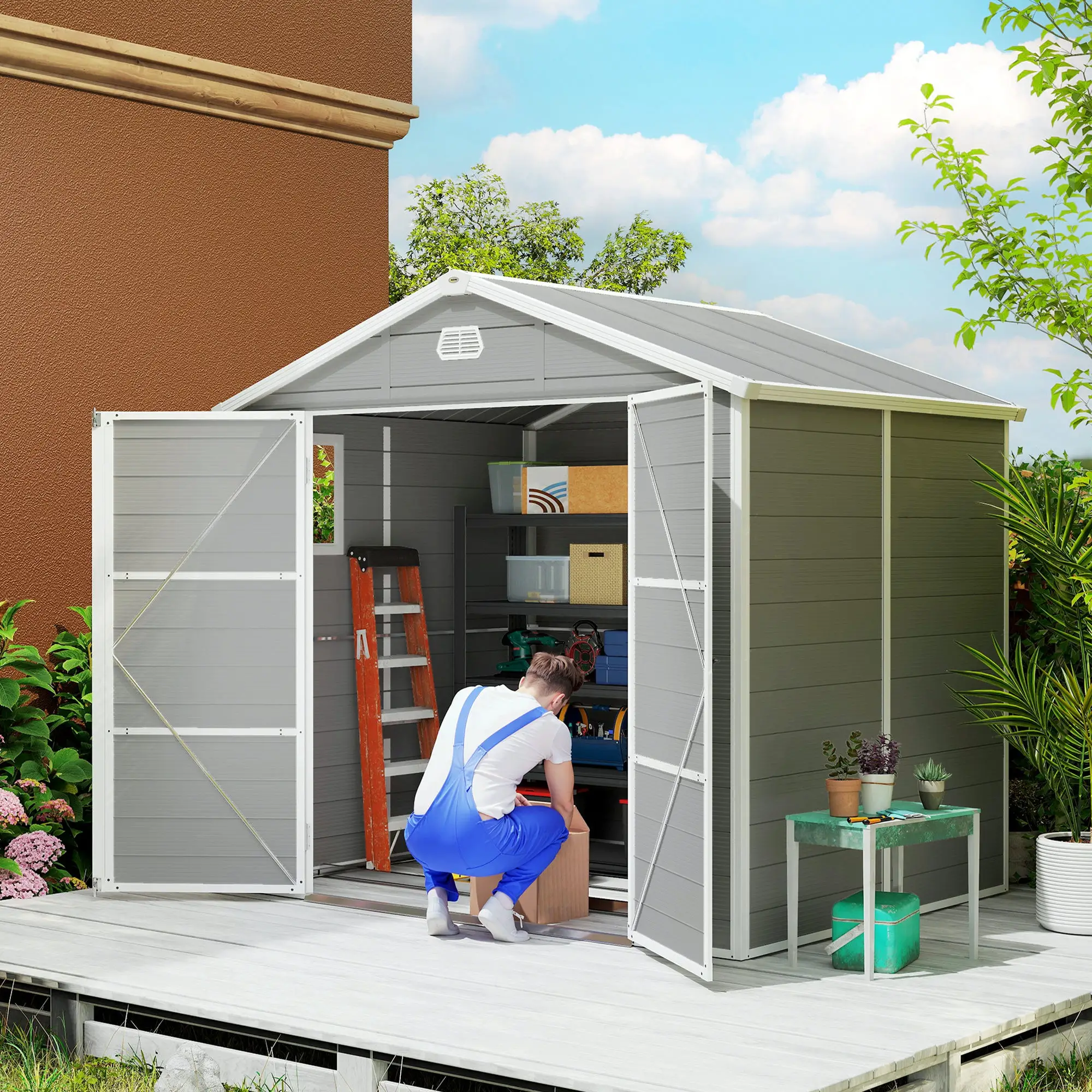 8' x 6' Plastic Garden Storage Shed, Light Grey - Image 2