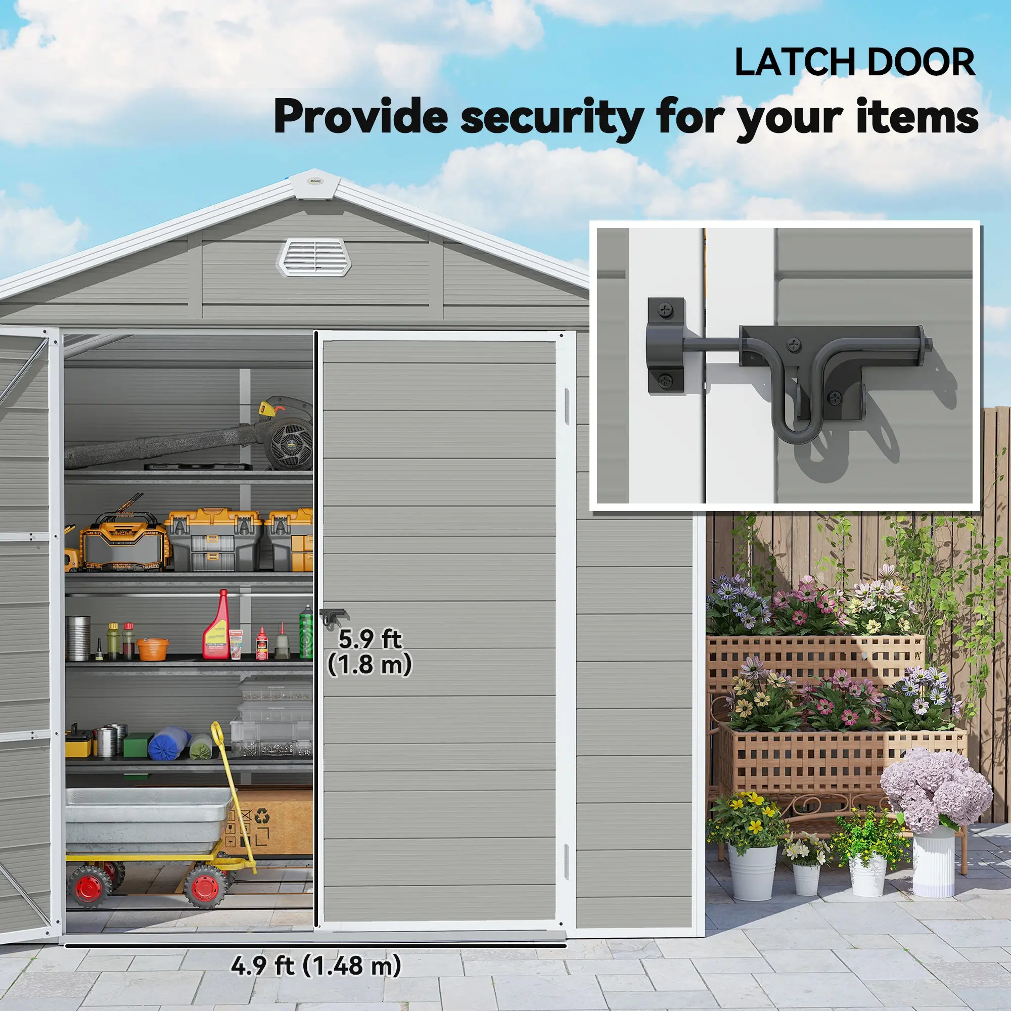 8' x 6' Plastic Garden Storage Shed, Light Grey - Image 7