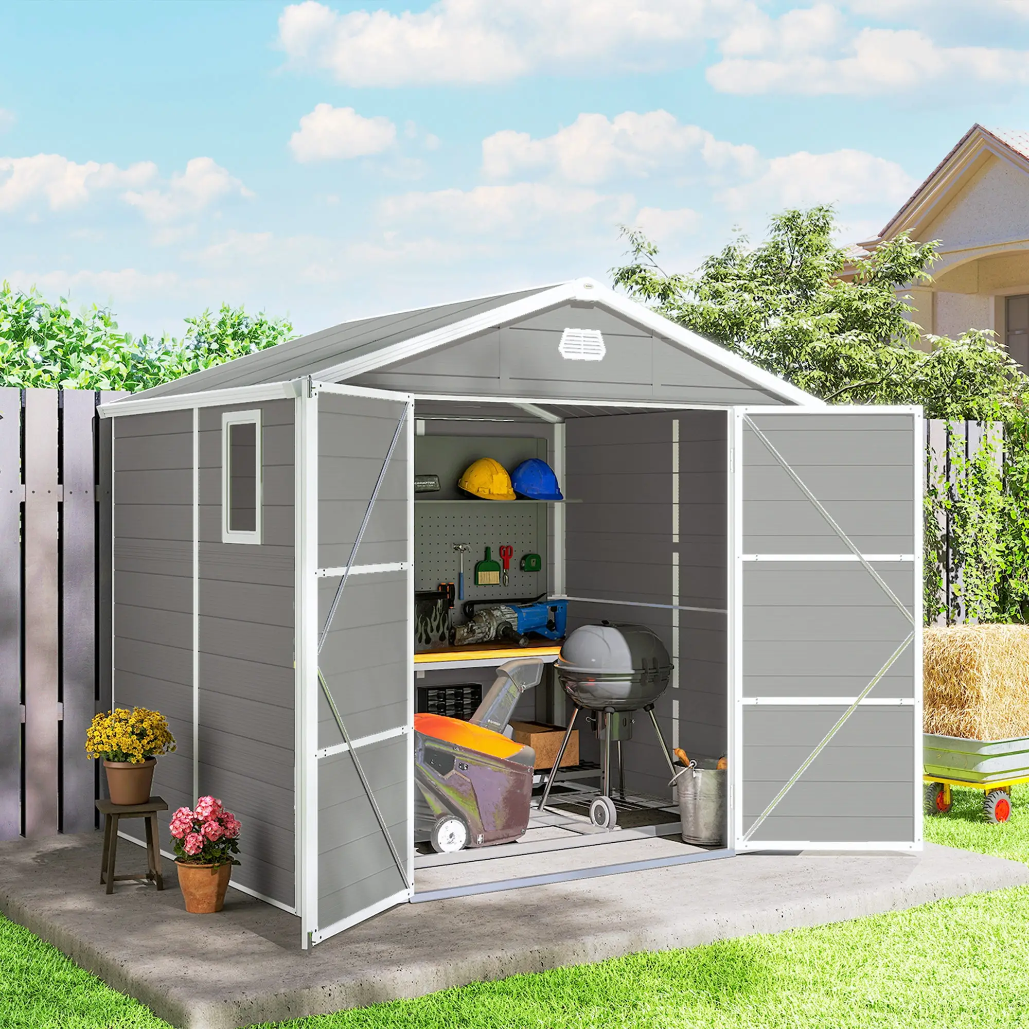 8' x 6' Plastic Garden Storage Shed, Light Grey - Image 8
