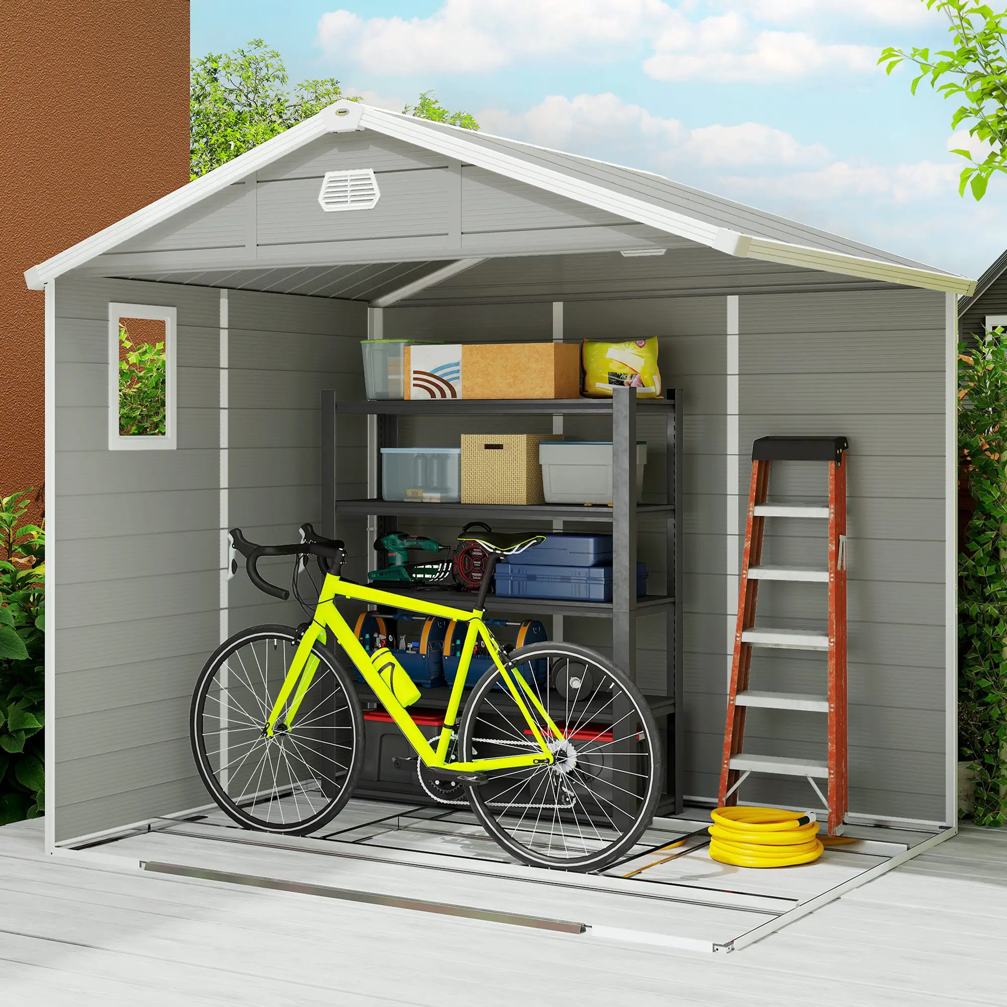 8' x 6' Plastic Garden Storage Shed, Light Grey - Image 9