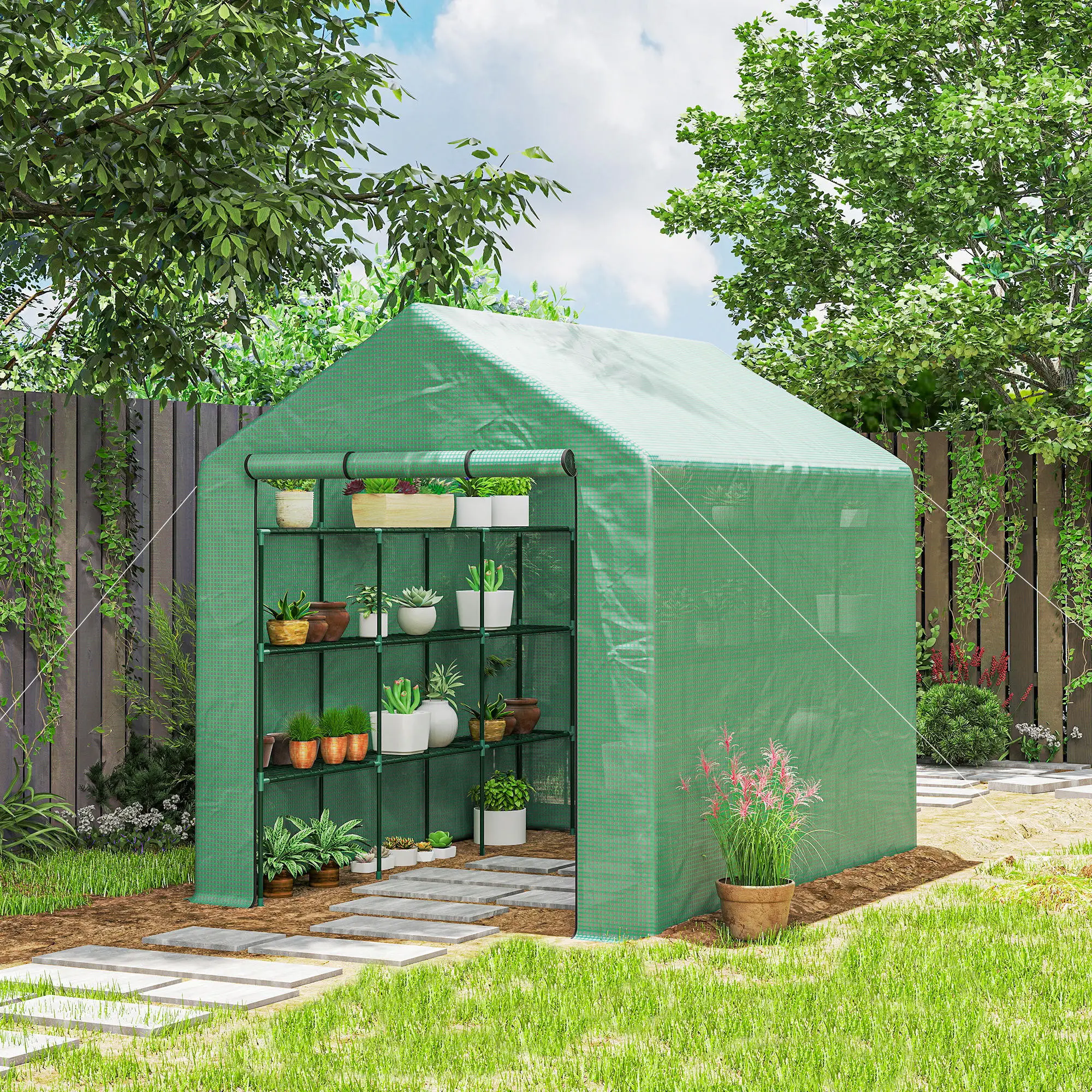 8' x 6' x 7' Portable Walk-In Greenhouse, 18 Shelves, Water/UV Resistant Cover, Roll Up Door - Image 2