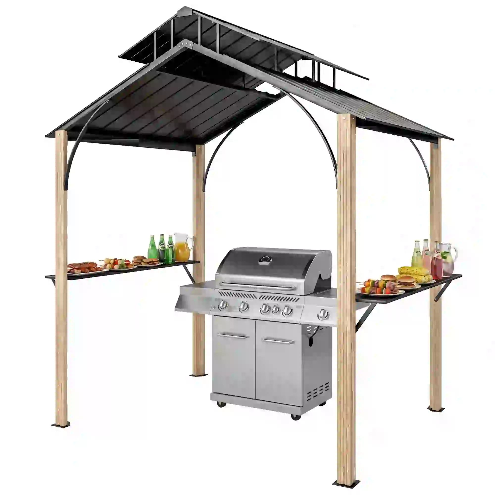 8 x 6ft Hardtop Grill Gazebo, Metal Double Roof, Wood-Grain Aluminum Frame