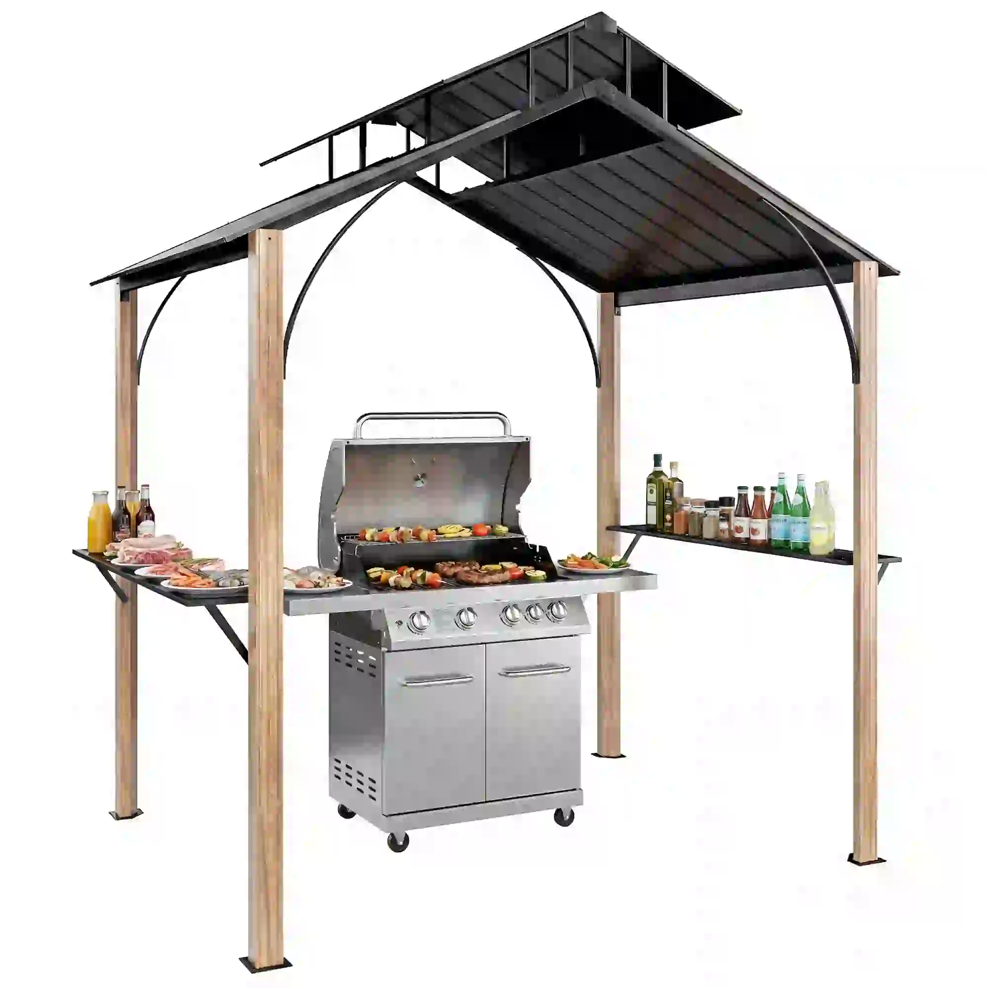 8 x 6ft Hardtop Grill Gazebo, Metal Double Roof, Wood-Grain Aluminum Frame - Image 11