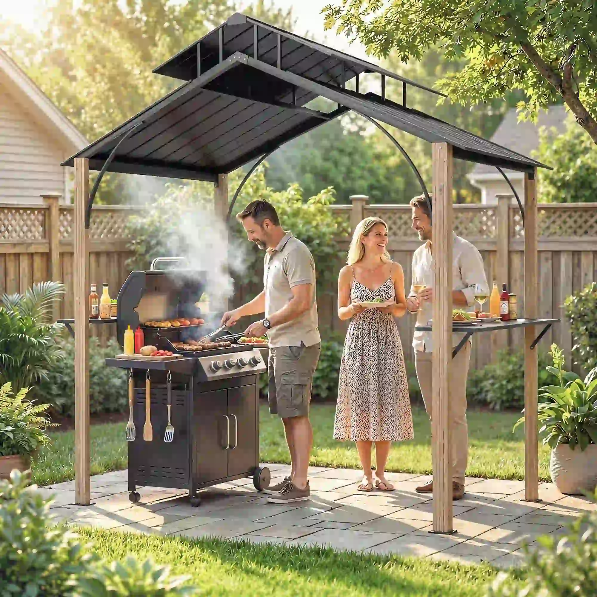 8 x 6ft Hardtop Grill Gazebo, Metal Double Roof, Wood-Grain Aluminum Frame - Image 2