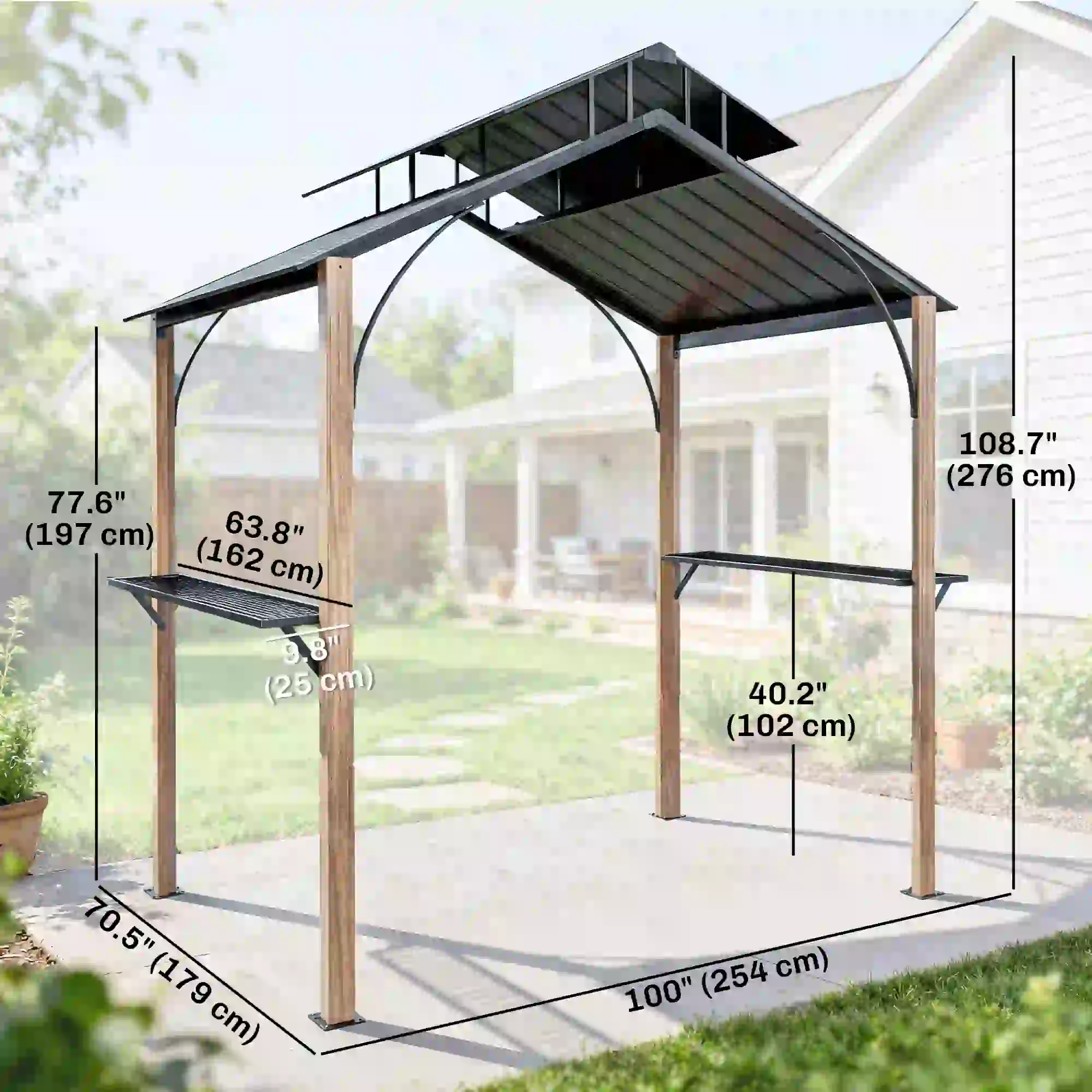 8 x 6ft Hardtop Grill Gazebo, Metal Double Roof, Wood-Grain Aluminum Frame - Image 3