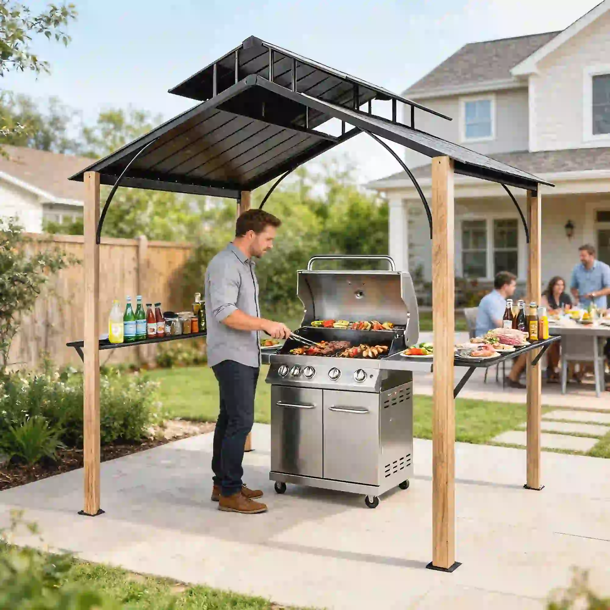 8 x 6ft Hardtop Grill Gazebo, Metal Double Roof, Wood-Grain Aluminum Frame - Image 8