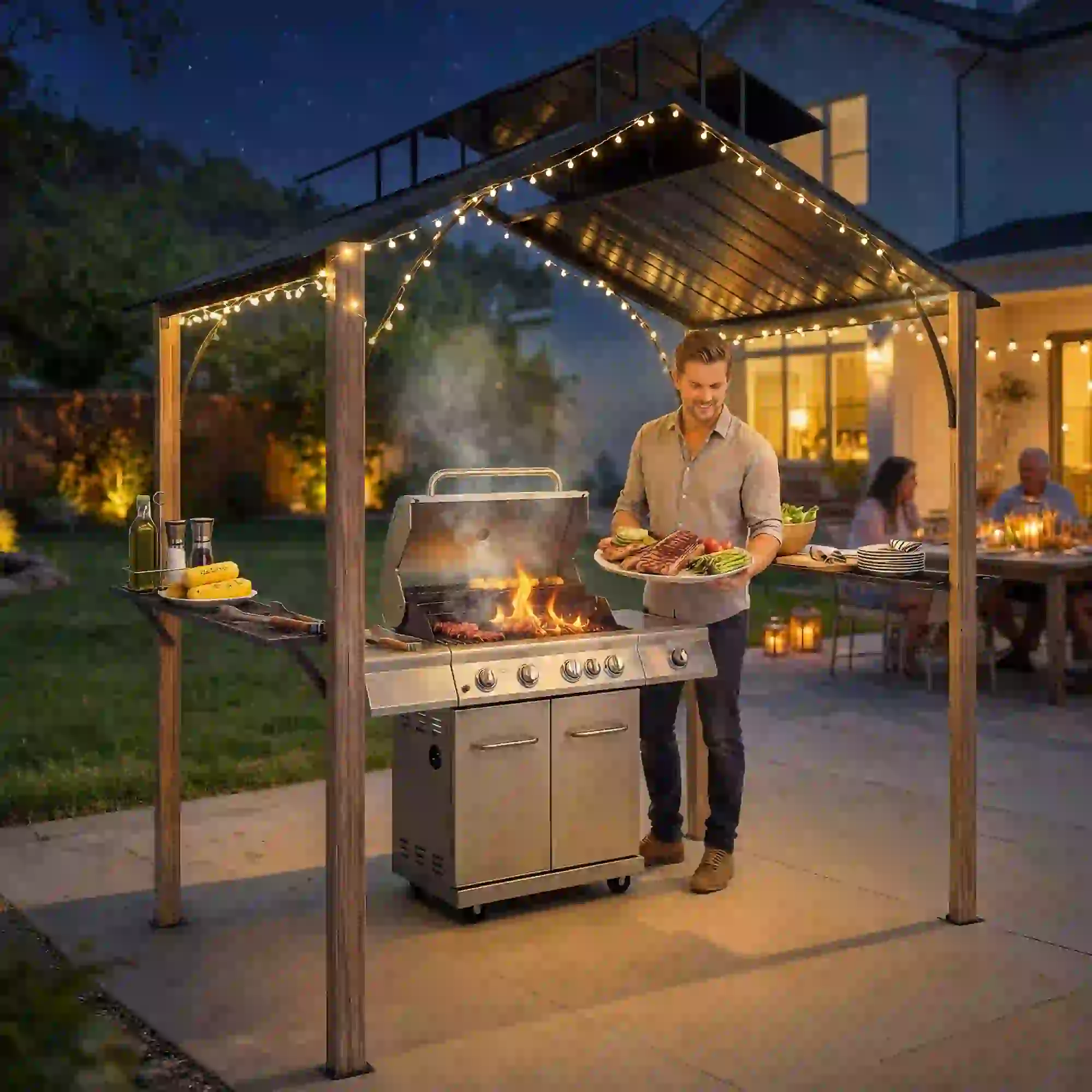 8 x 6ft Hardtop Grill Gazebo, Metal Double Roof, Wood-Grain Aluminum Frame - Image 9