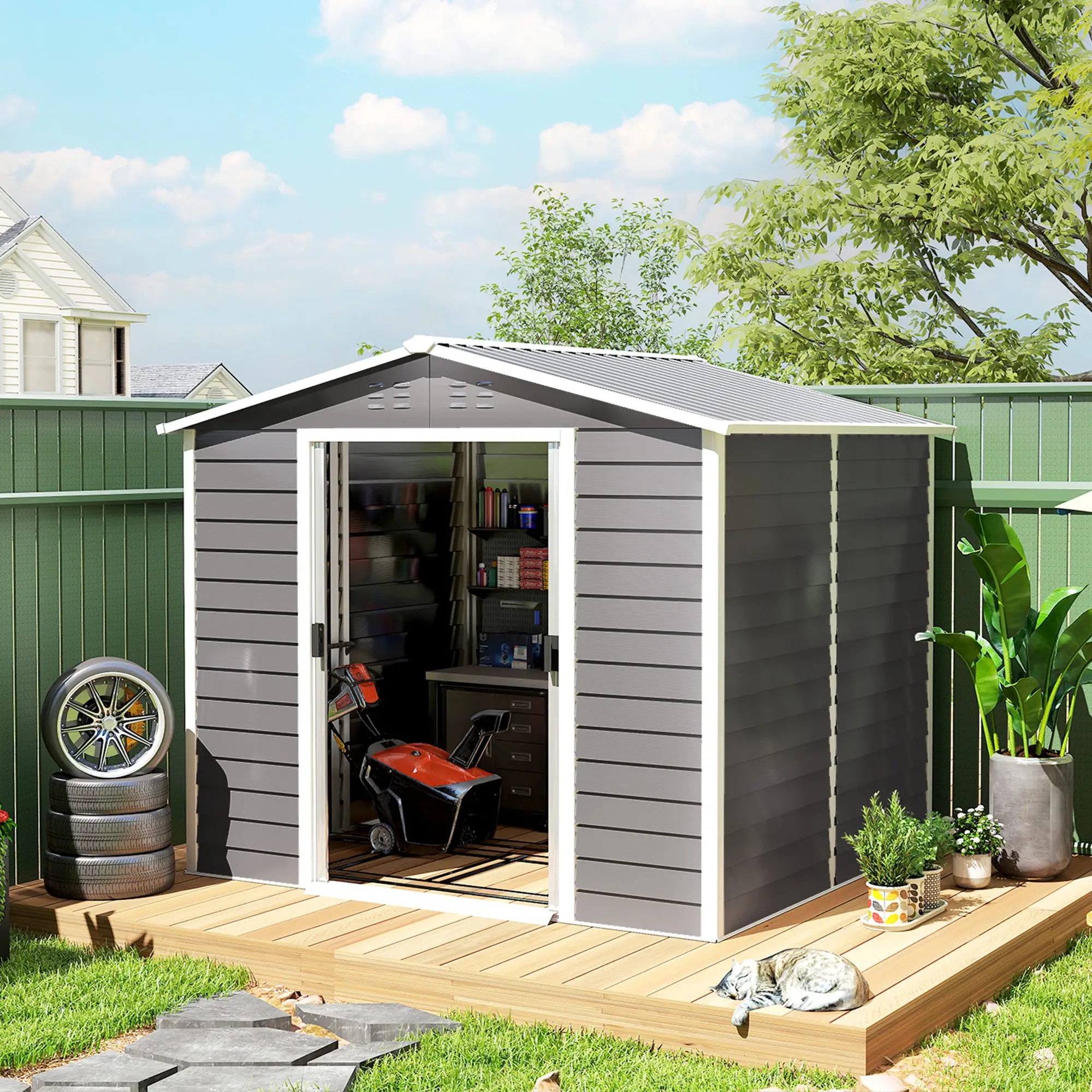 8' x 7' Outdoor Storage Shed, Galvanized Metal, Lockable Doors, Light Grey - Image 10