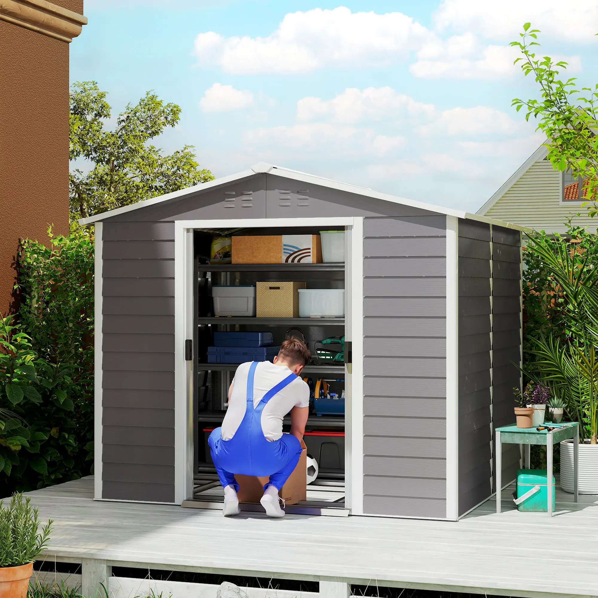 8' x 7' Outdoor Storage Shed, Galvanized Metal, Lockable Doors, Light Grey - Image 2