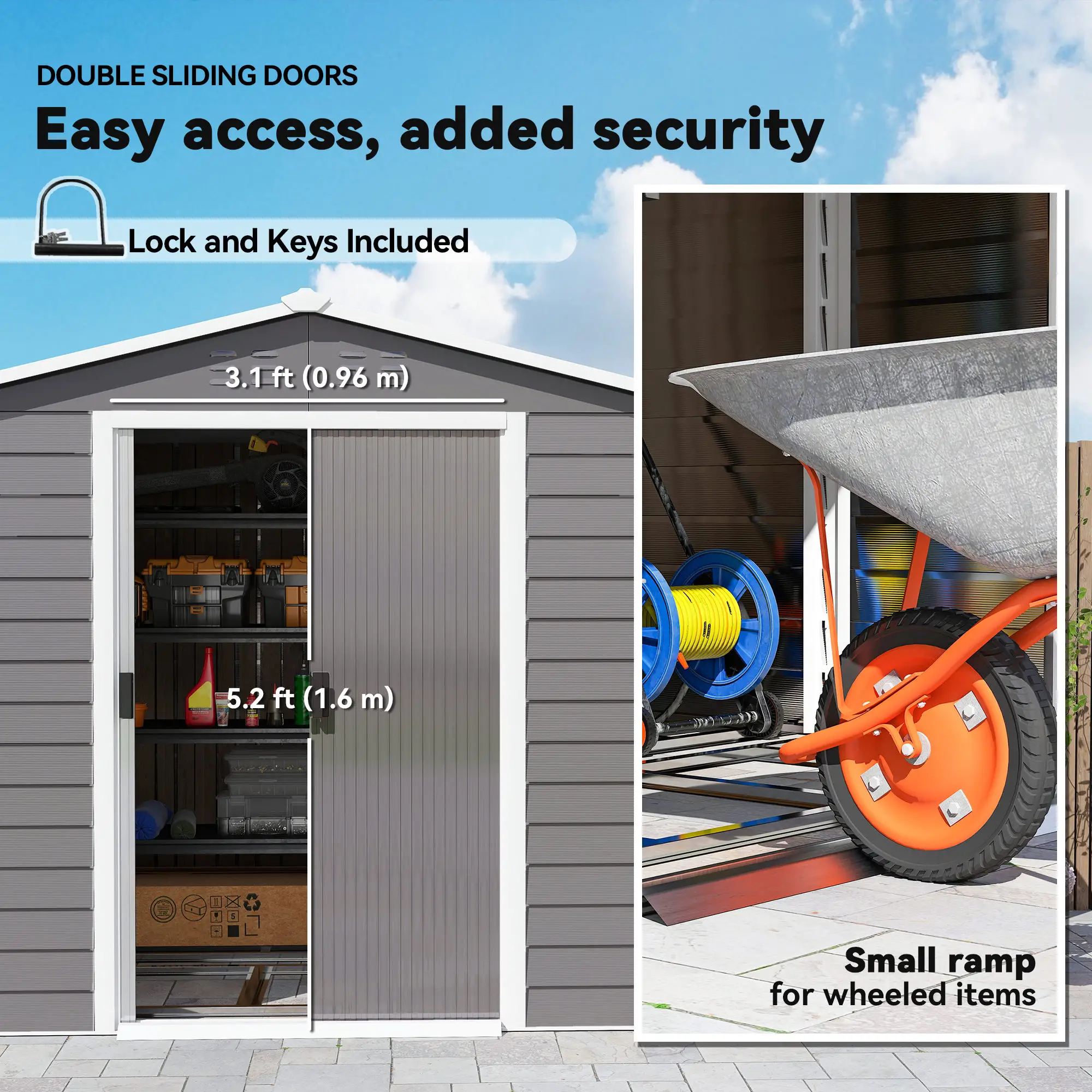 8' x 7' Outdoor Storage Shed, Galvanized Metal, Lockable Doors, Light Grey - Image 6