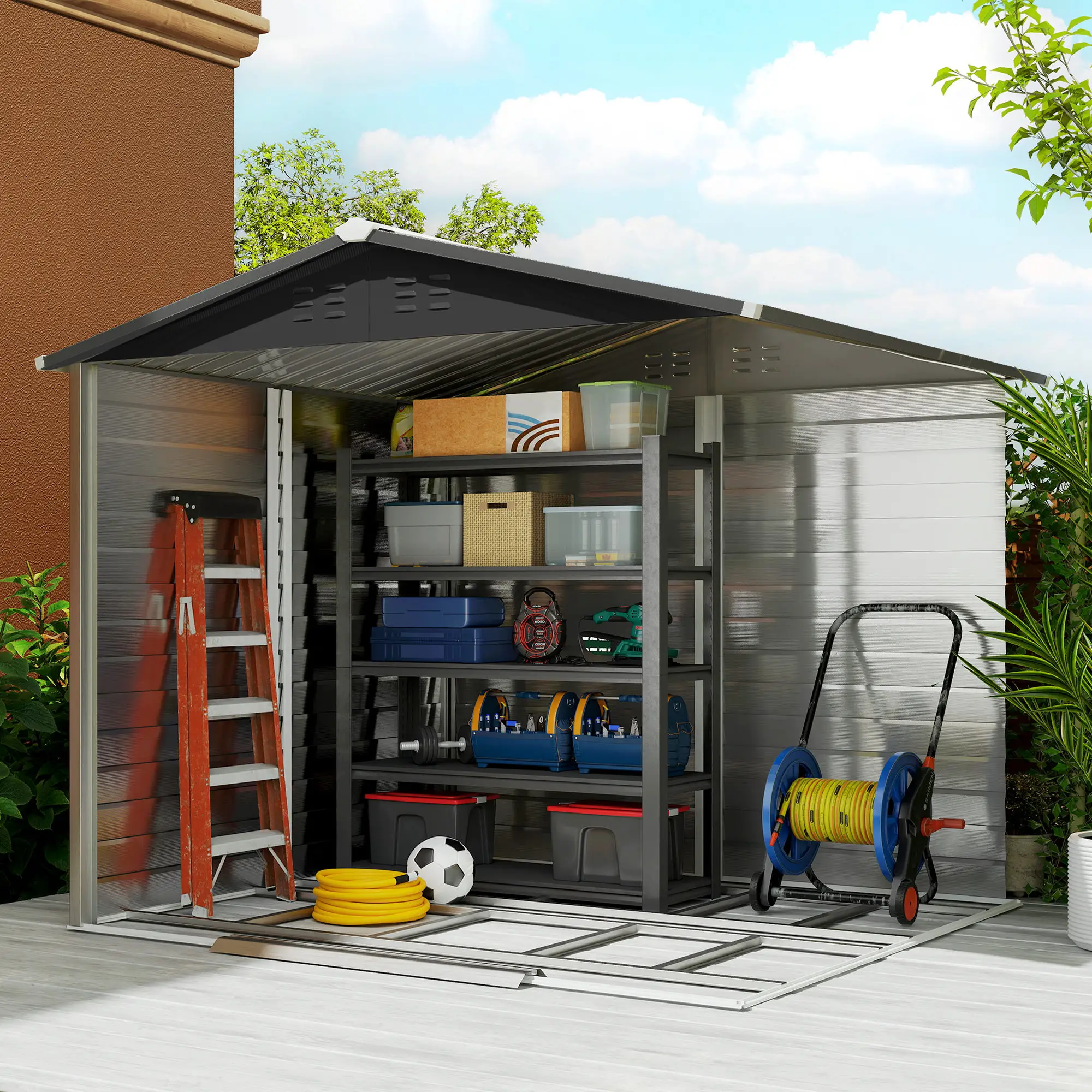 8' x 7' Outdoor Storage Shed, Galvanized Steel, Lockable Doors, Floor Frame - Image 9