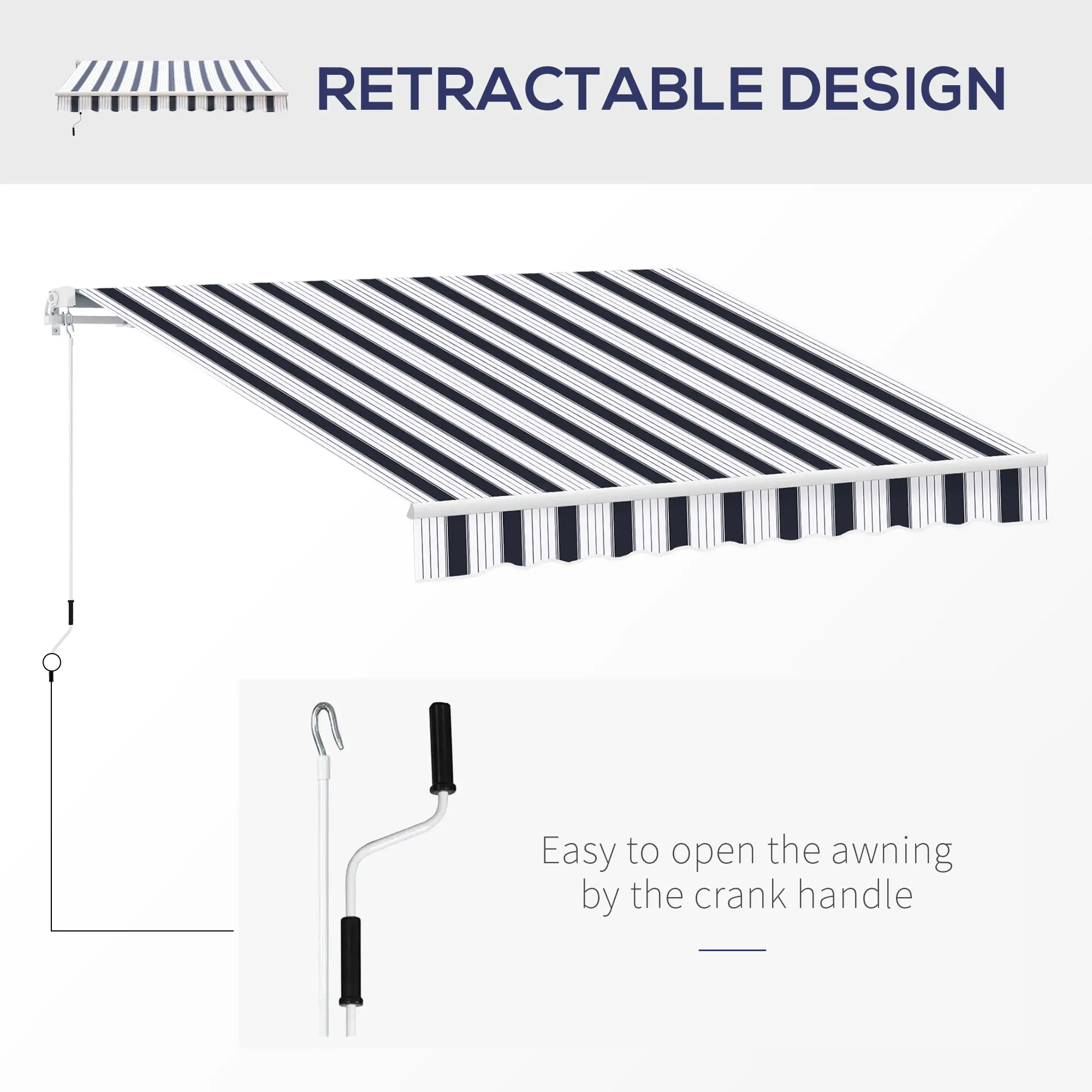 8' x 7' Retractable Awning, UV Water-Resistant Fabric, Aluminum Frame, Blue White, Blue - Image 5