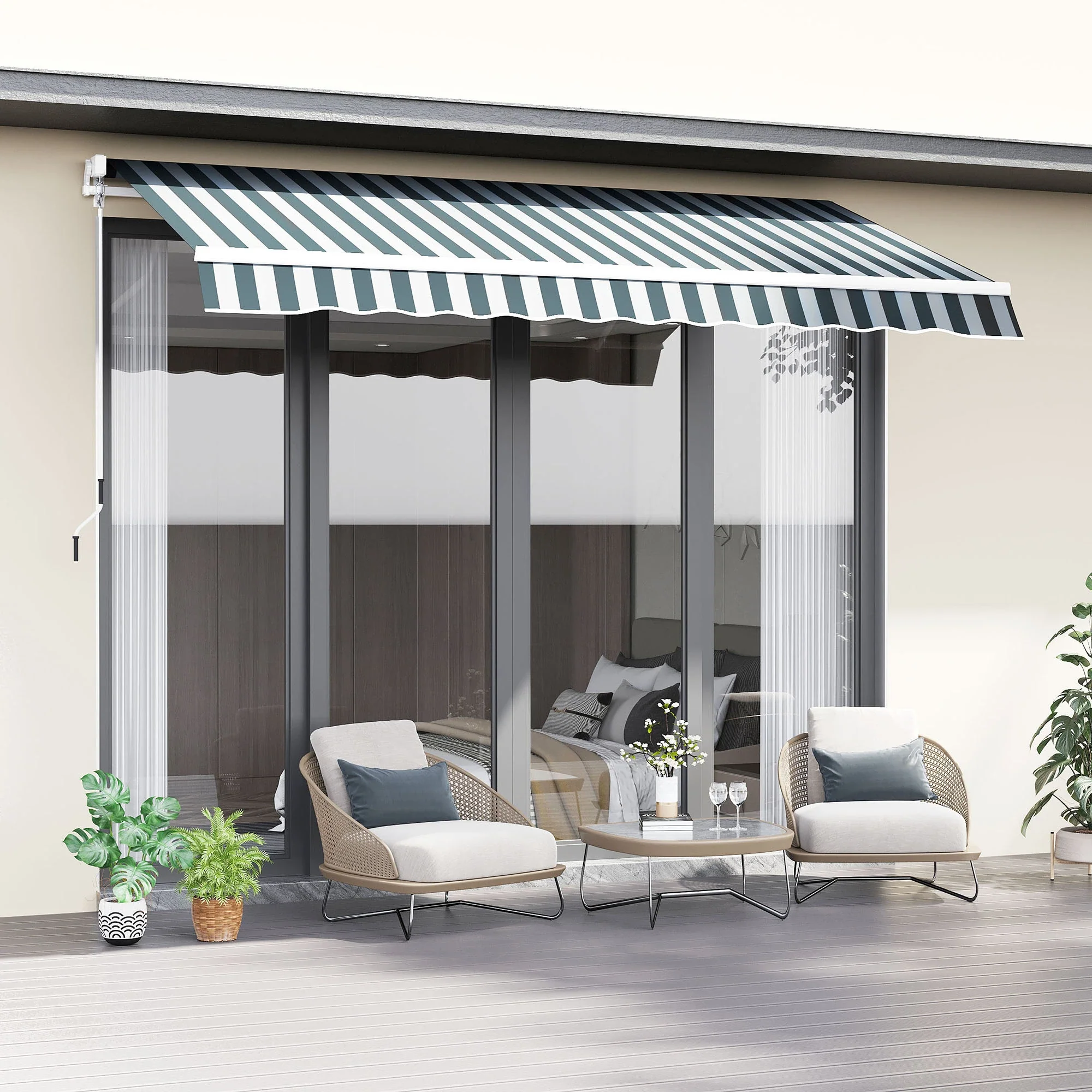 8' x 7' Retractable Awning, UV Water-Resistant Fabric, Aluminum Frame, Green White, Green, White - Image 2