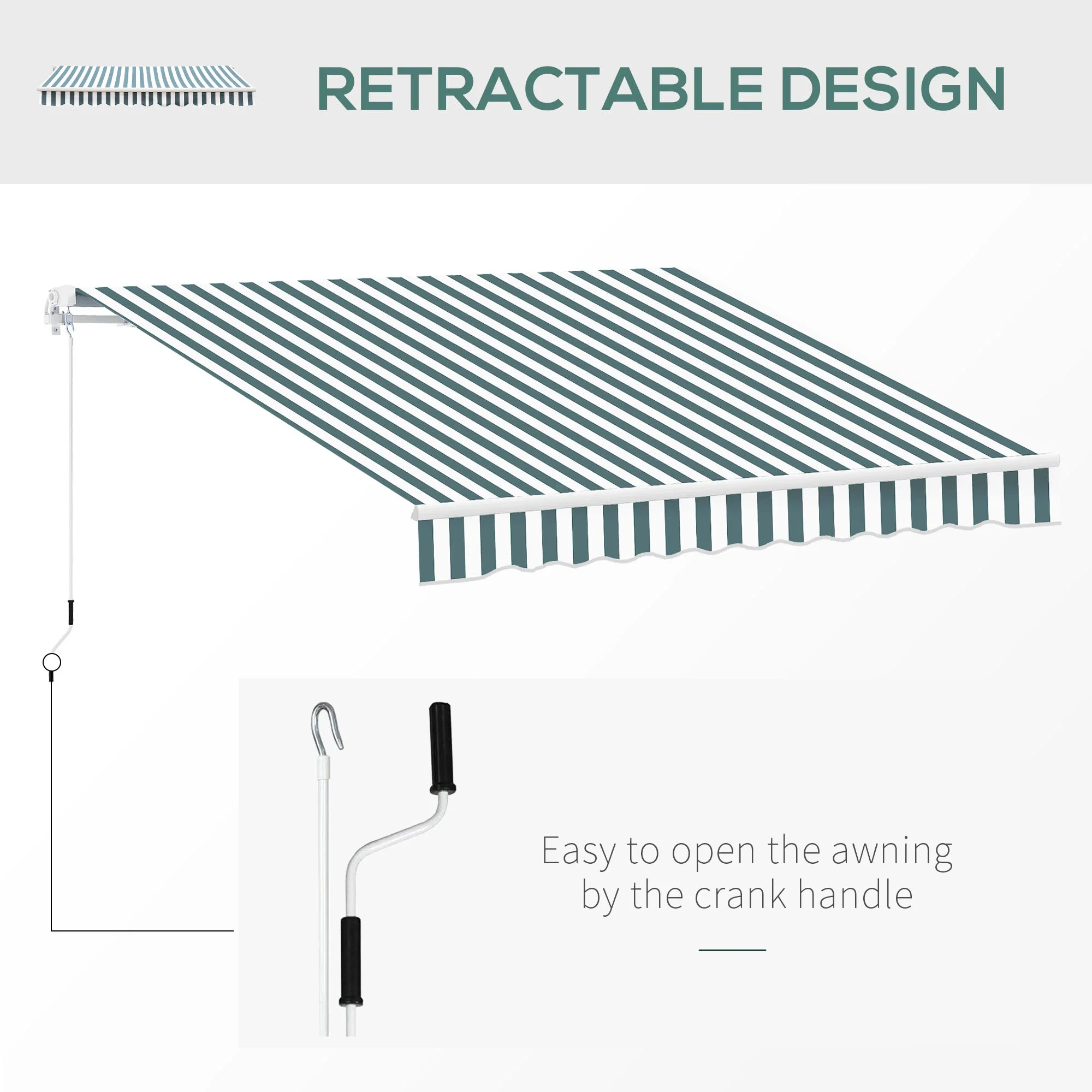 8' x 7' Retractable Awning, UV Water-Resistant Fabric, Aluminum Frame, Green White, Green, White - Image 5