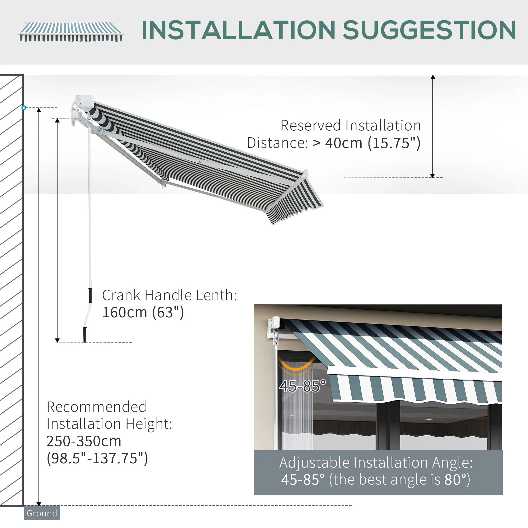 8' x 7' Retractable Awning, UV Water-Resistant Fabric, Aluminum Frame, Green White, Green, White - Image 6
