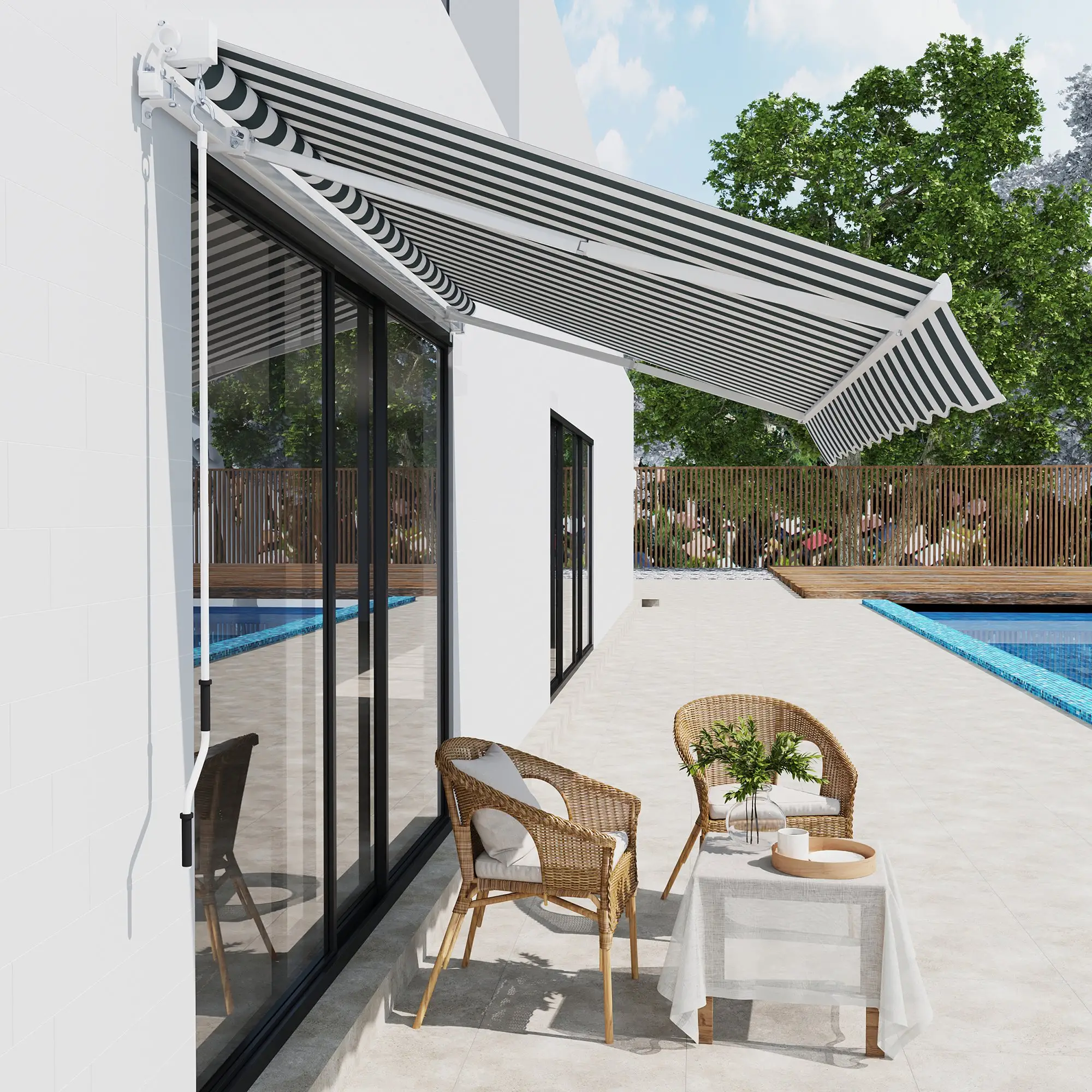 8' x 7' Retractable Awning, UV Water-Resistant Fabric, Aluminum Frame, Green White, Green, White - Image 8