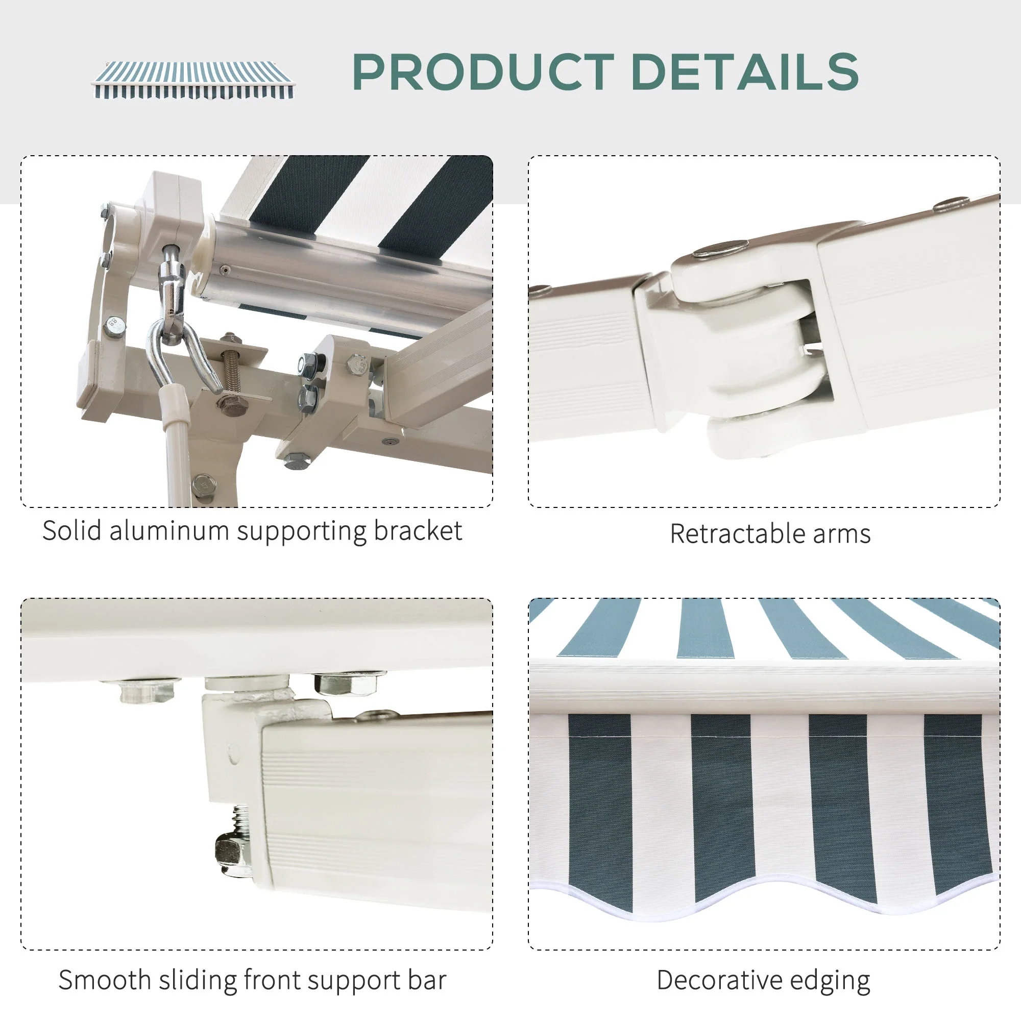 8' x 7' Retractable Awning, UV Water-Resistant Fabric, Aluminum Frame, Green White, Green, White - Image 9