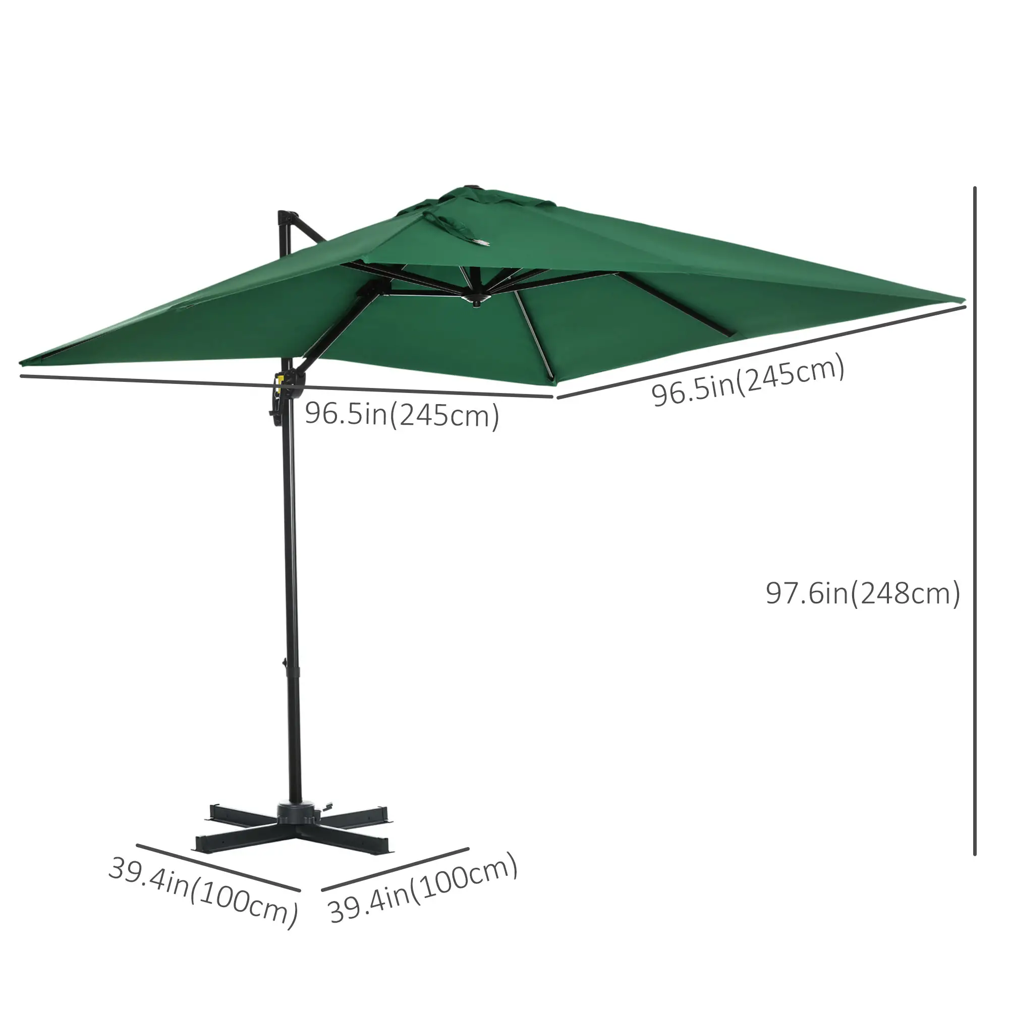 8' x 8' Square Cantilever Umbrella, 360° Rotation, Aluminum, Green - Image 3