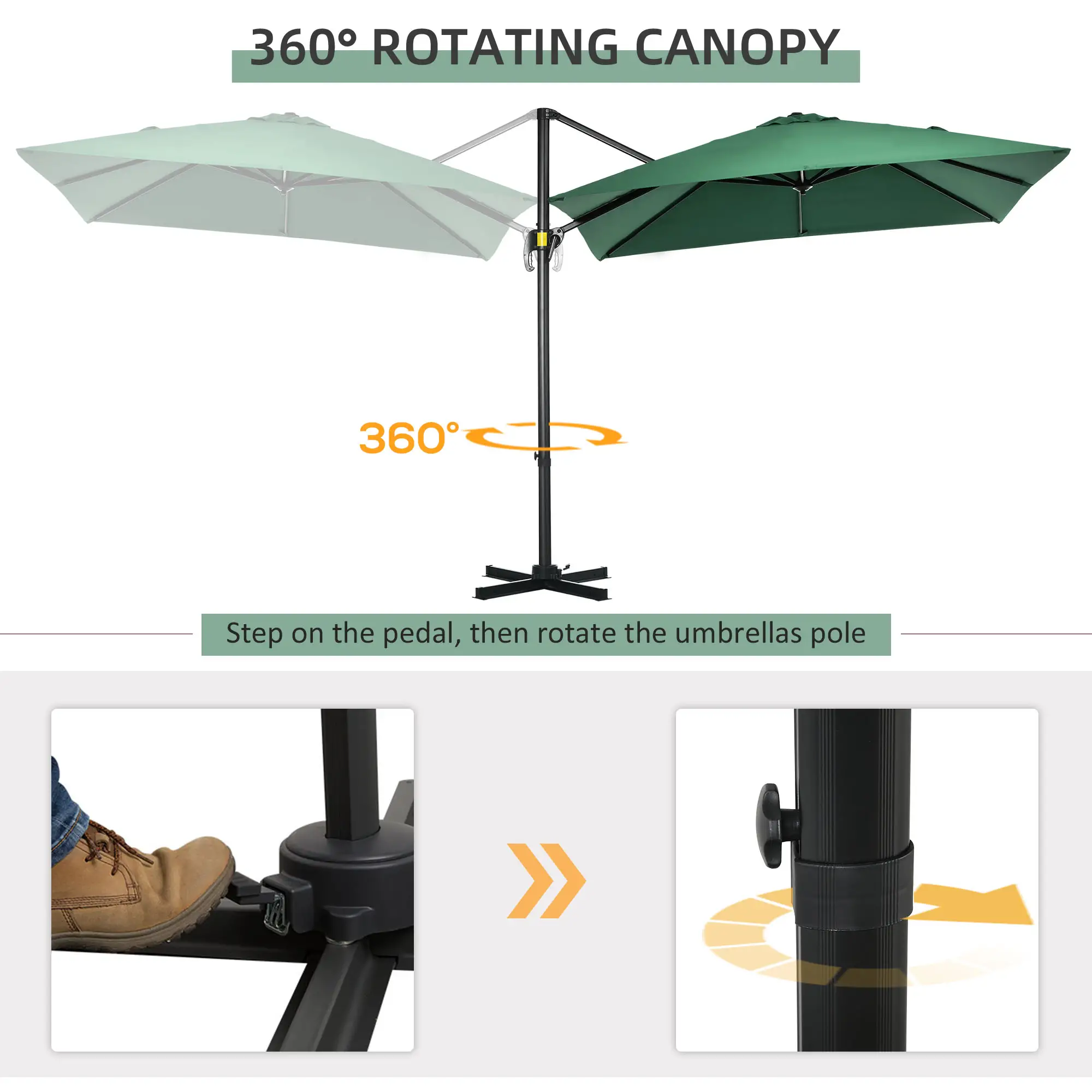 8' x 8' Square Cantilever Umbrella, 360° Rotation, Aluminum, Green - Image 4