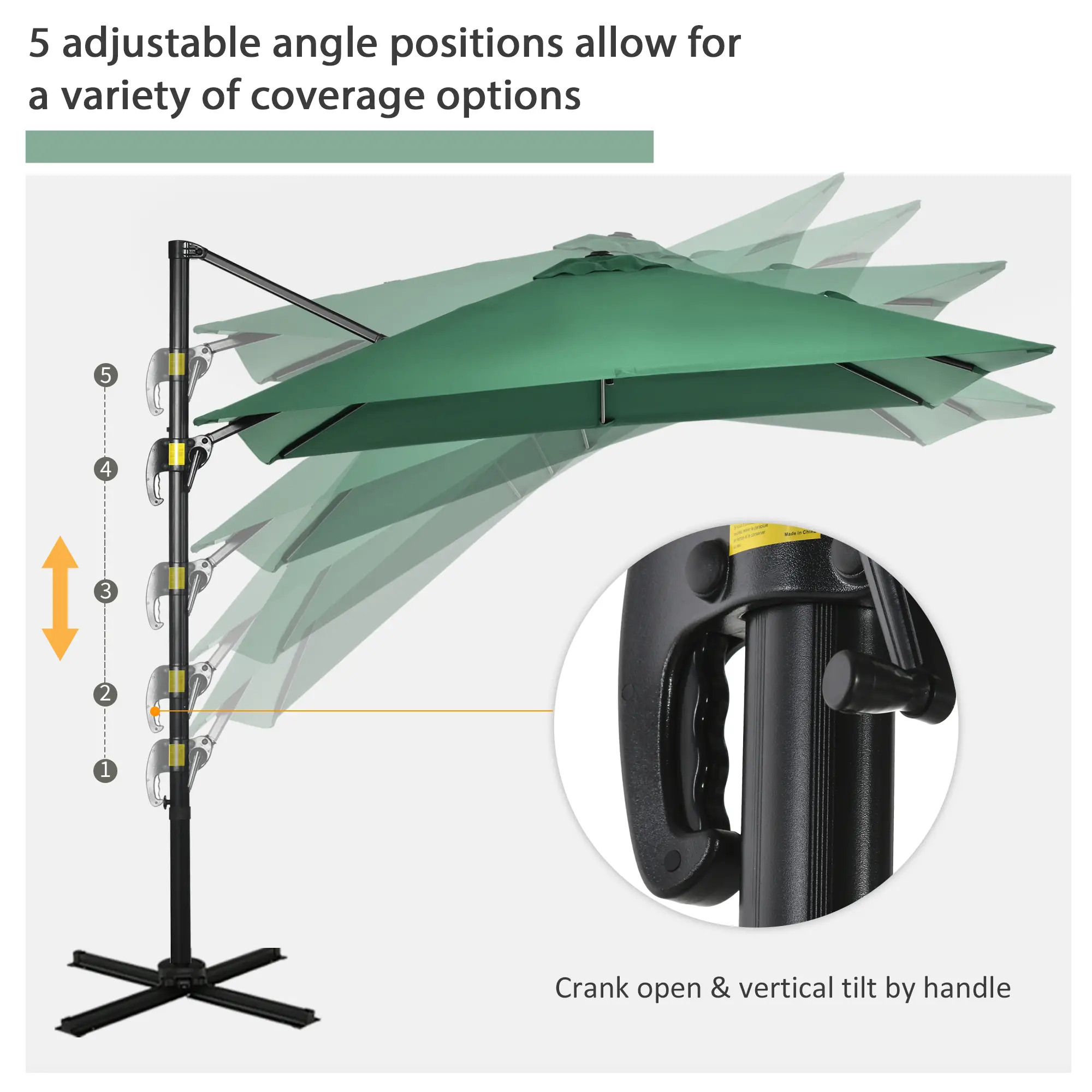 8' x 8' Square Cantilever Umbrella, 360° Rotation, Aluminum, Green - Image 5