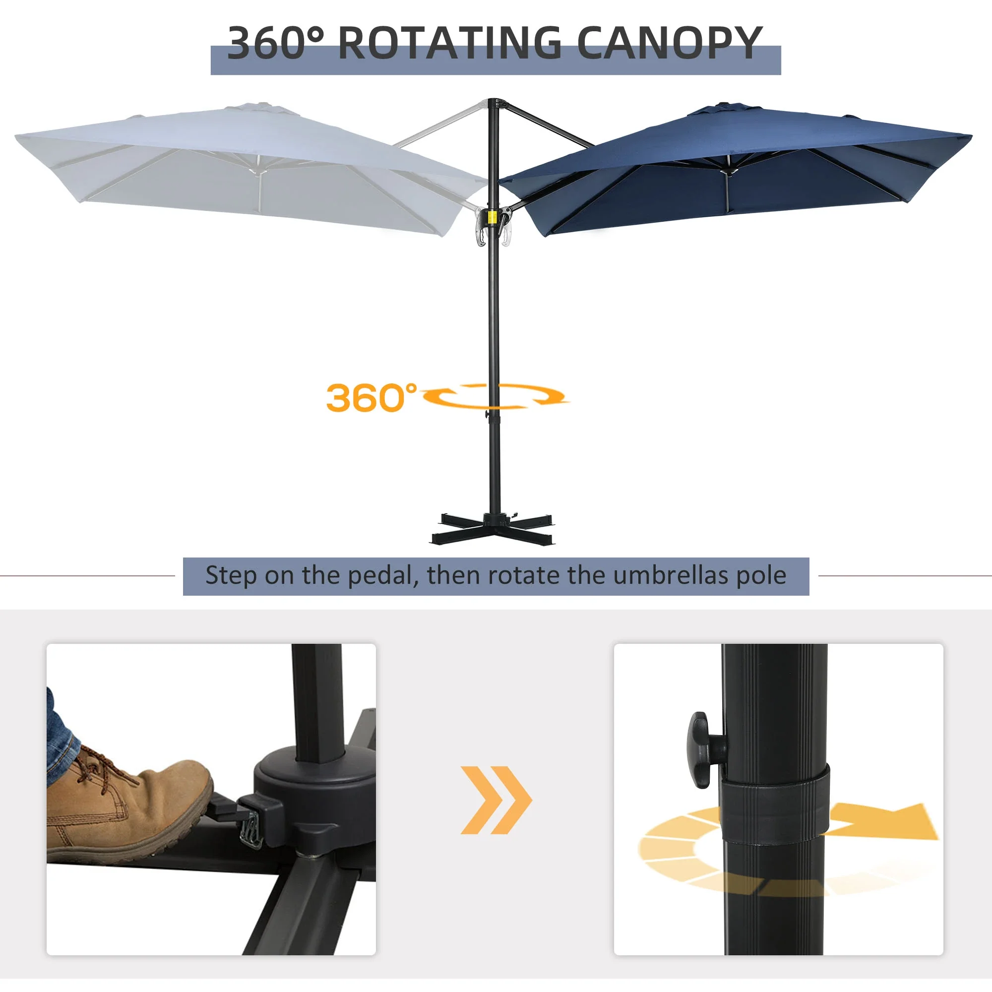 8' x 8' Square Patio Umbrella, 360° Rotation, Aluminum Cantilever, Dark Blue - Image 4
