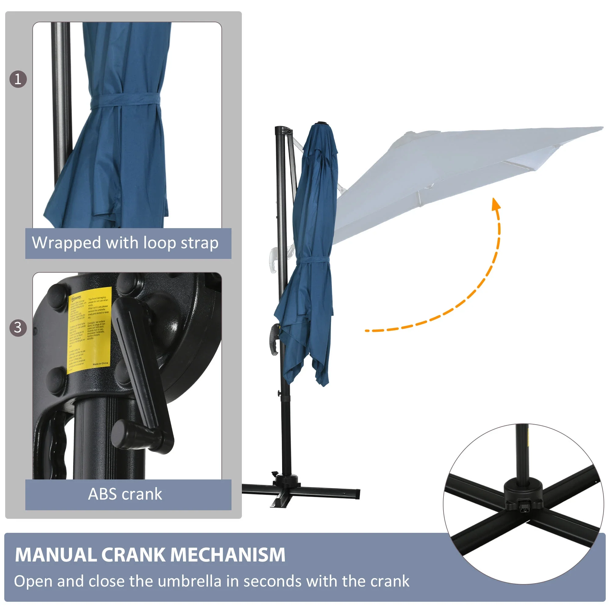 8' x 8' Square Patio Umbrella, 360° Rotation, Aluminum Cantilever, Dark Blue - Image 6