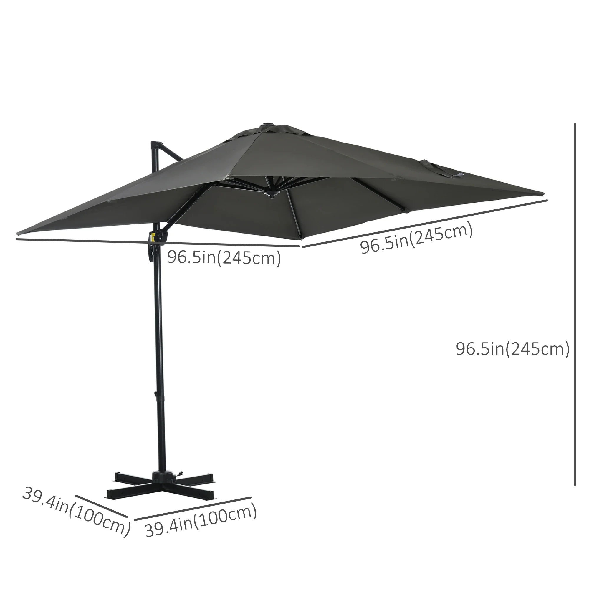 8' x 8' Square Patio Umbrella, 360° Rotation, Aluminum Cantilever, Grey - Image 3