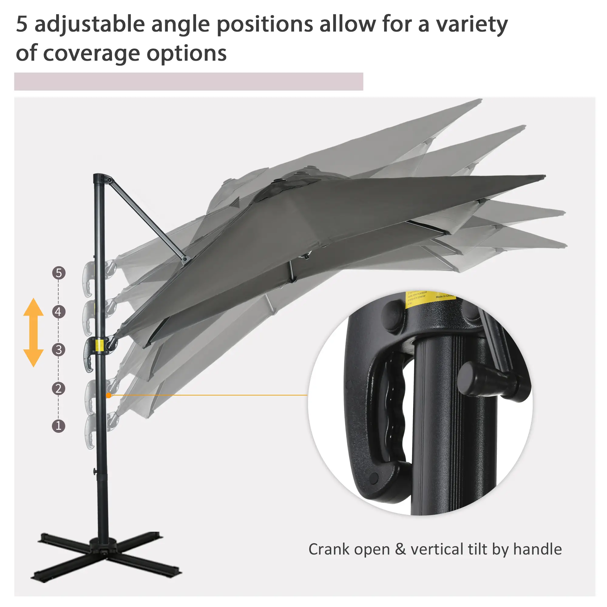 8' x 8' Square Patio Umbrella, 360° Rotation, Aluminum Cantilever, Grey - Image 5