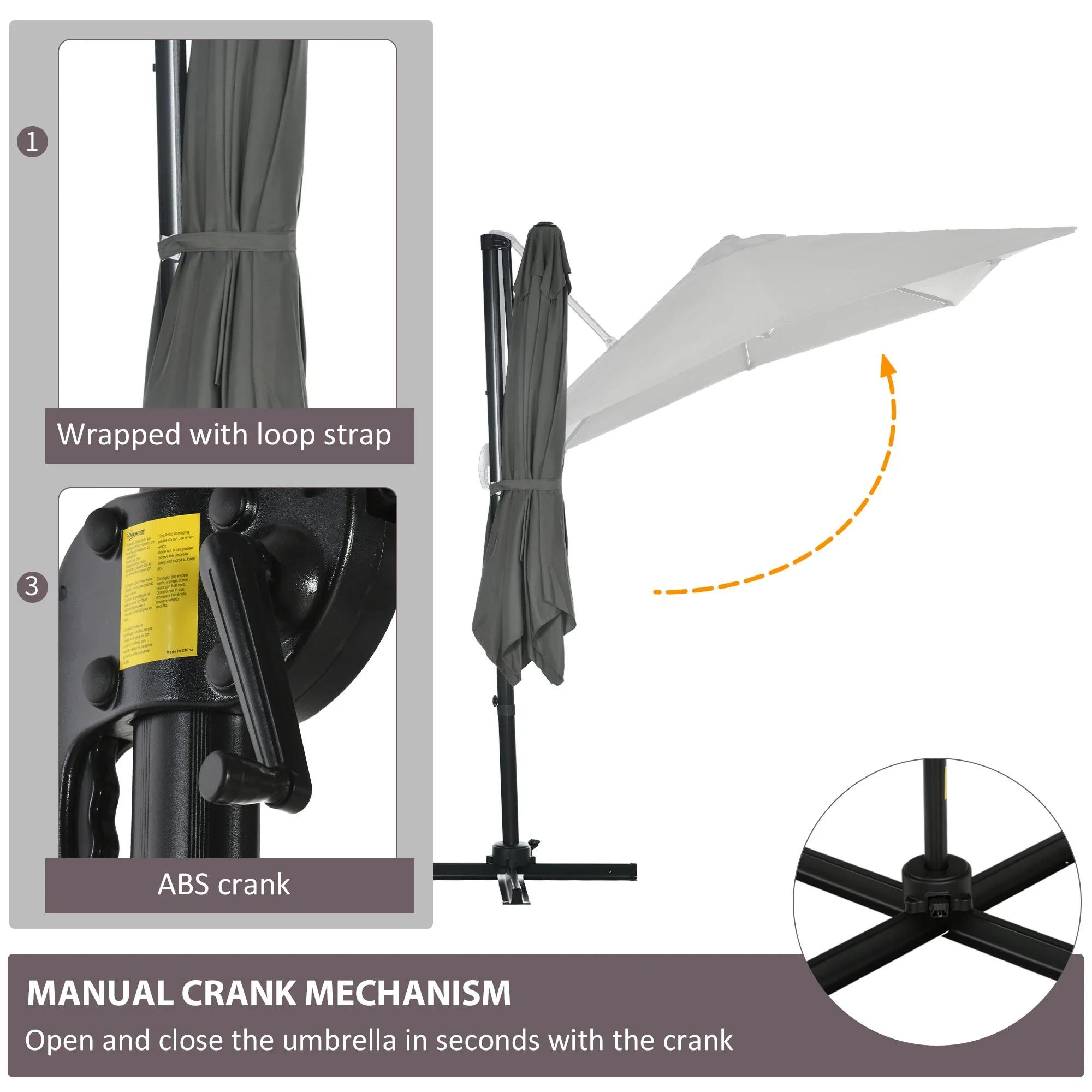 8' x 8' Square Patio Umbrella, 360° Rotation, Aluminum Cantilever, Grey - Image 6