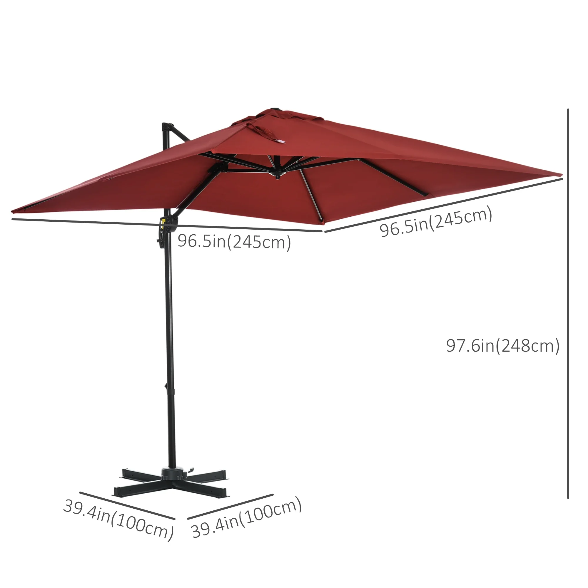 8' x 8' Square Patio Umbrella, 360° Rotation, Aluminum Cantilever, Wine Red - Image 3