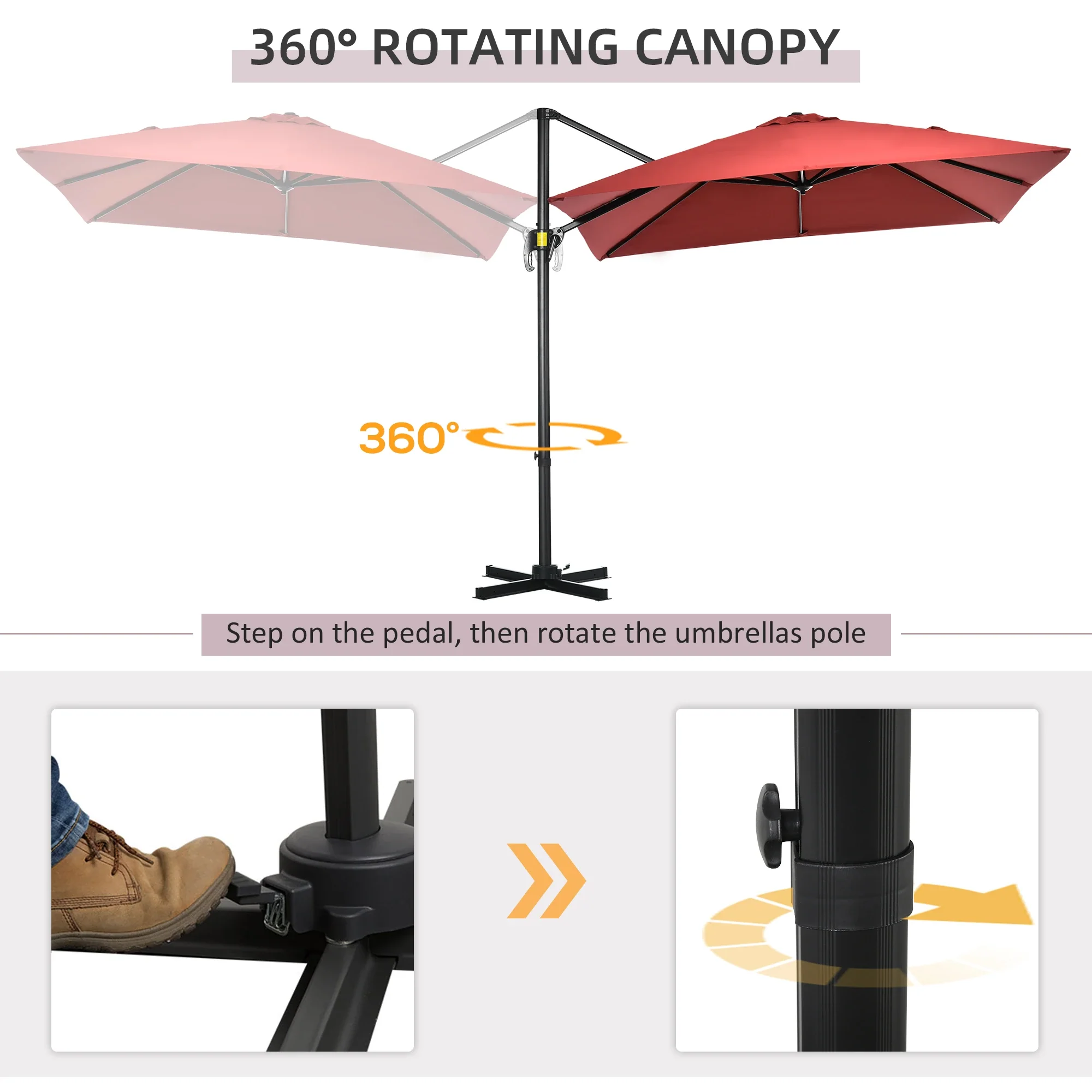 8' x 8' Square Patio Umbrella, 360° Rotation, Aluminum Cantilever, Wine Red - Image 4