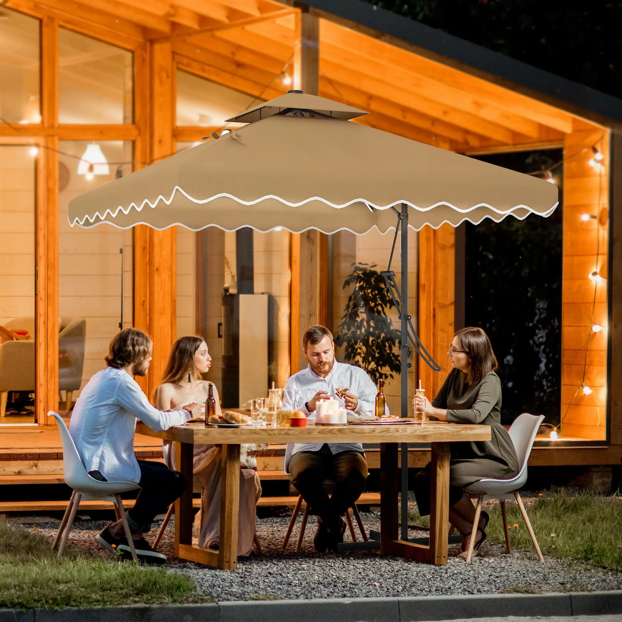 8' x 8' Square Patio Umbrella, Solar LED Lights, Khaki - Image 2