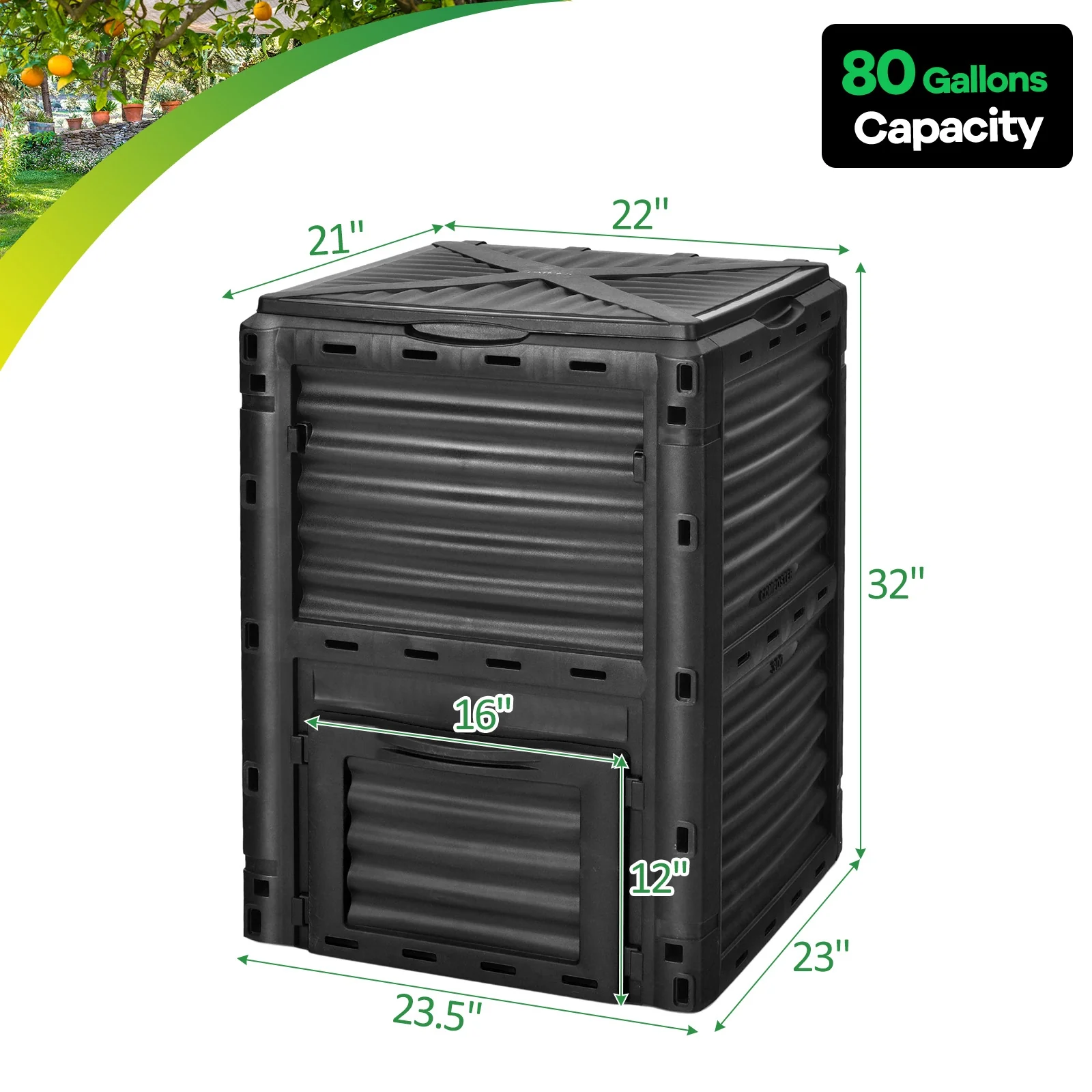 80-Gallon Outdoor Composter, Large Openable Lid, Bottom Exit Door, Black - Image 6