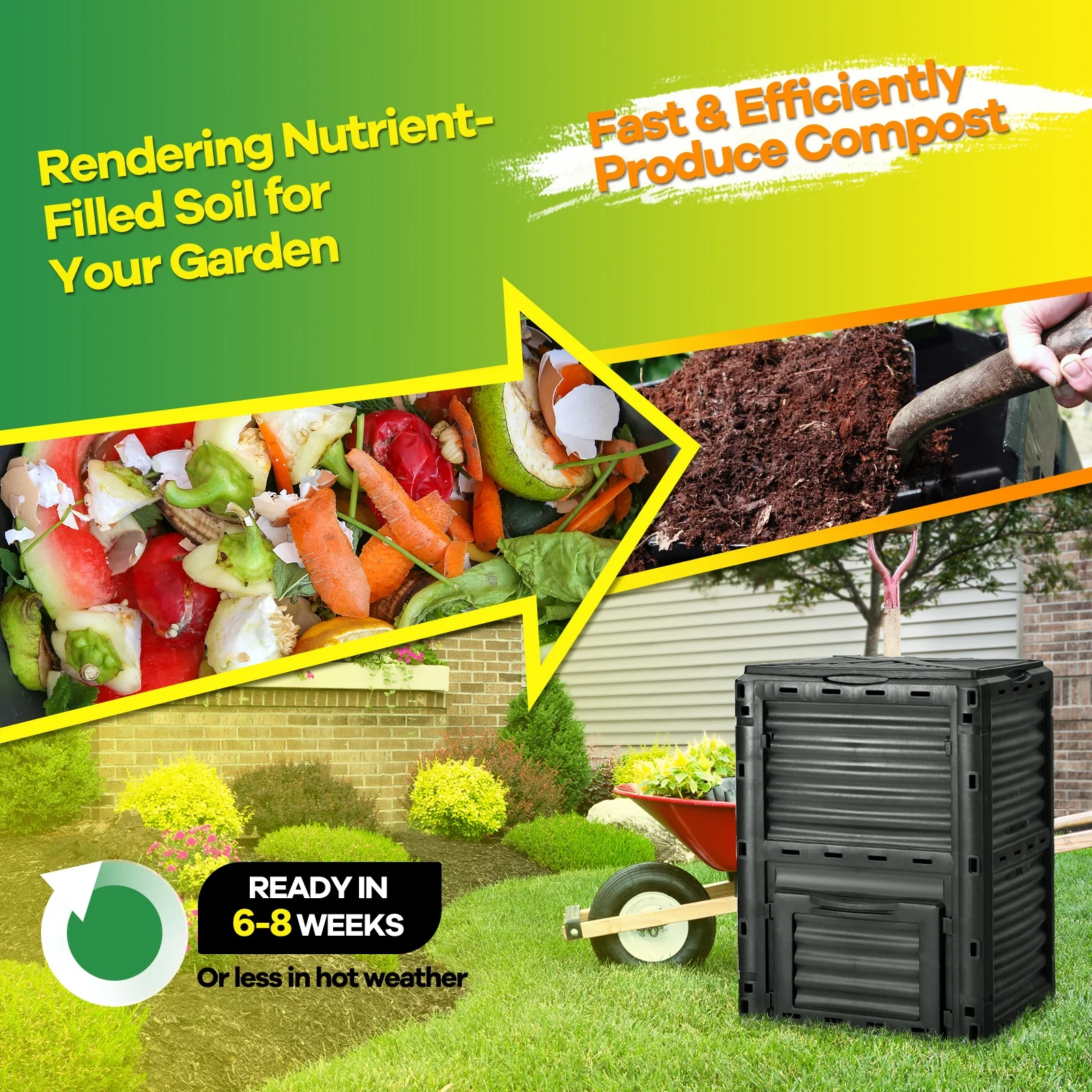 80-Gallon Outdoor Composter, Large Openable Lid, Bottom Exit Door, Black - Image 9