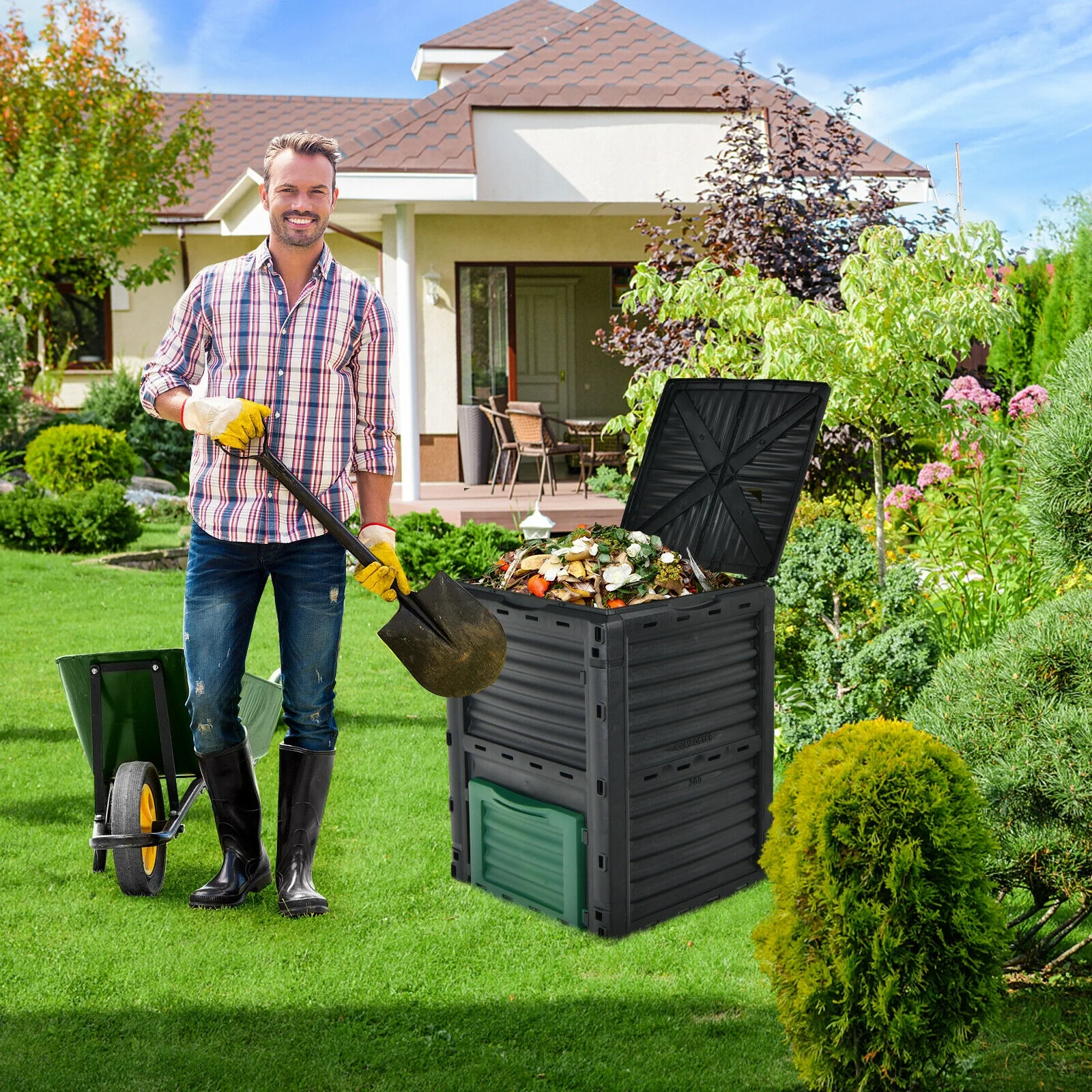 80-Gallon Outdoor Composter, Large Openable Lid, Bottom Exit Door, Green - Image 3