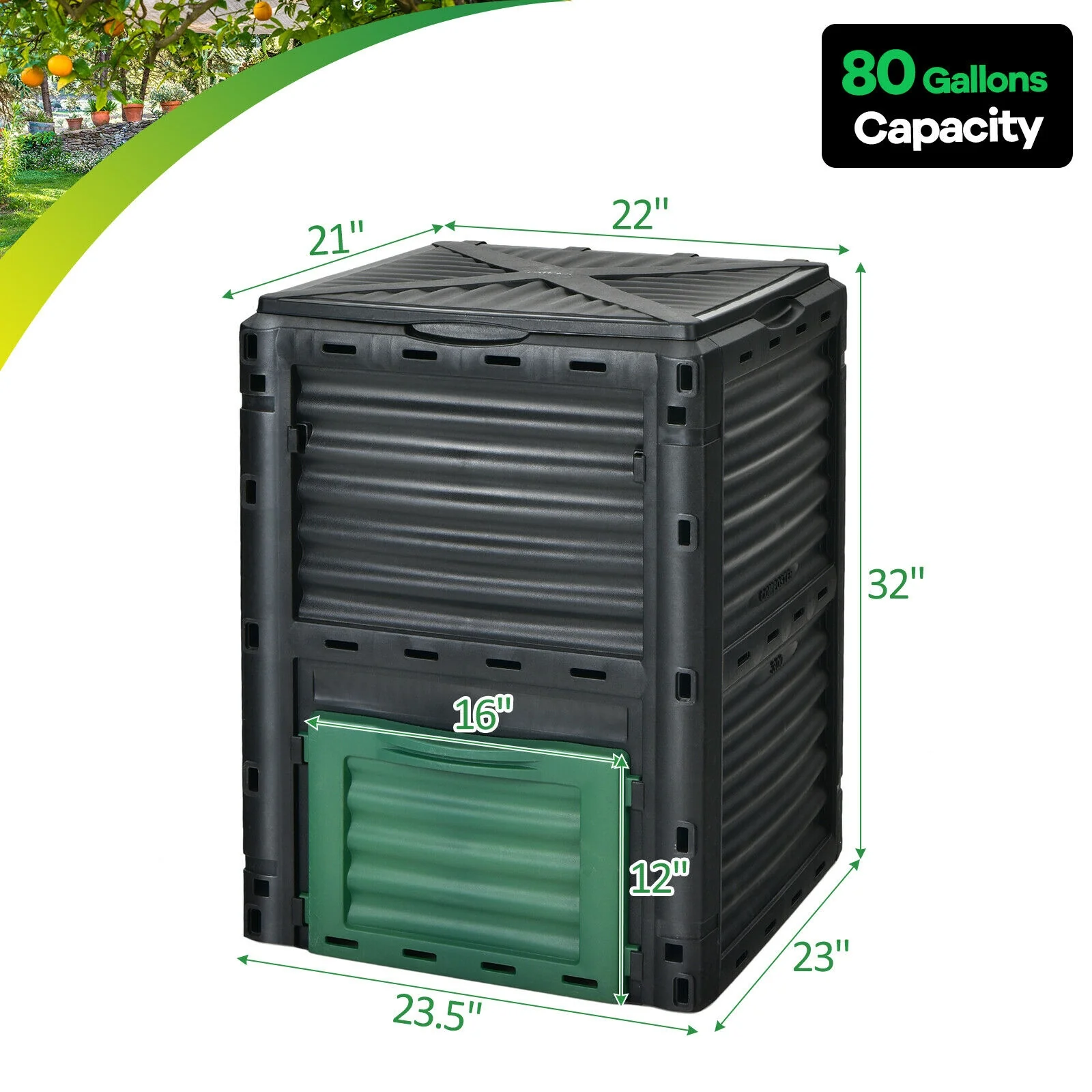 80-Gallon Outdoor Composter, Large Openable Lid, Bottom Exit Door, Green - Image 6