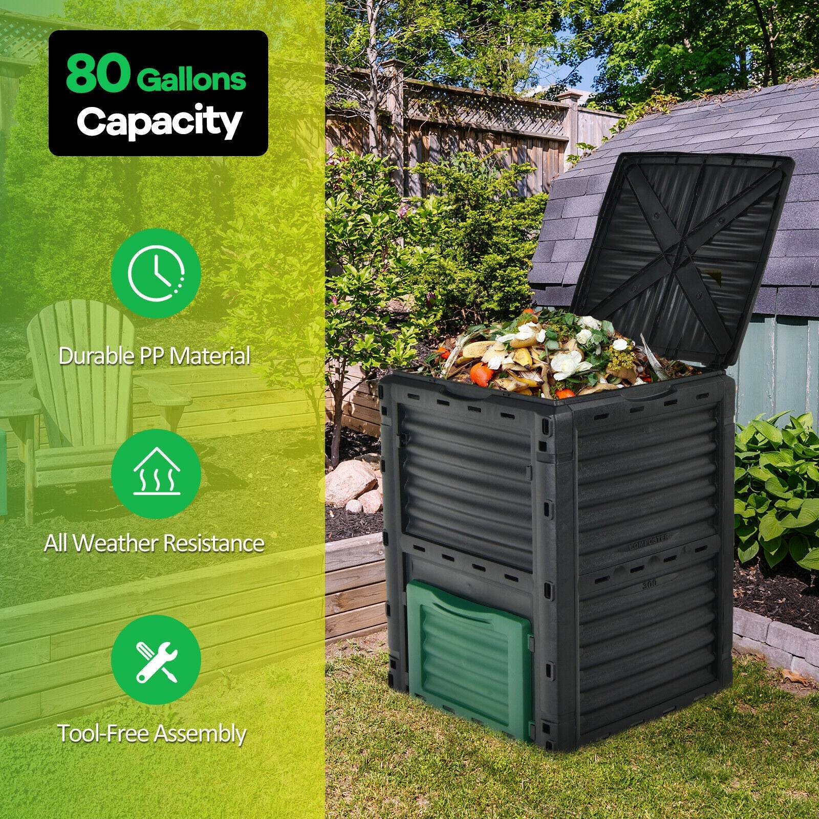 80-Gallon Outdoor Composter, Large Openable Lid, Bottom Exit Door, Green - Image 9