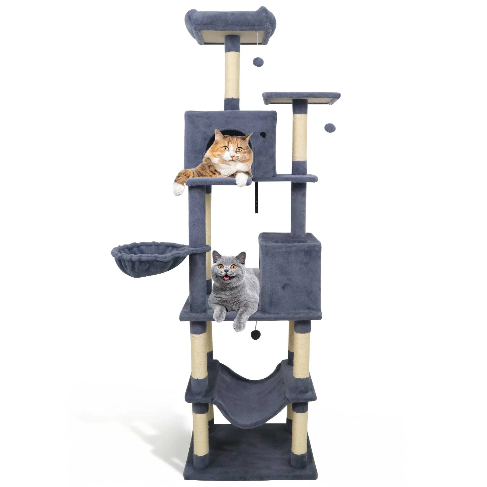 80 Inches Tall Cat Tree with 2 Large Condos and Dangling Toys, Dark Gray
