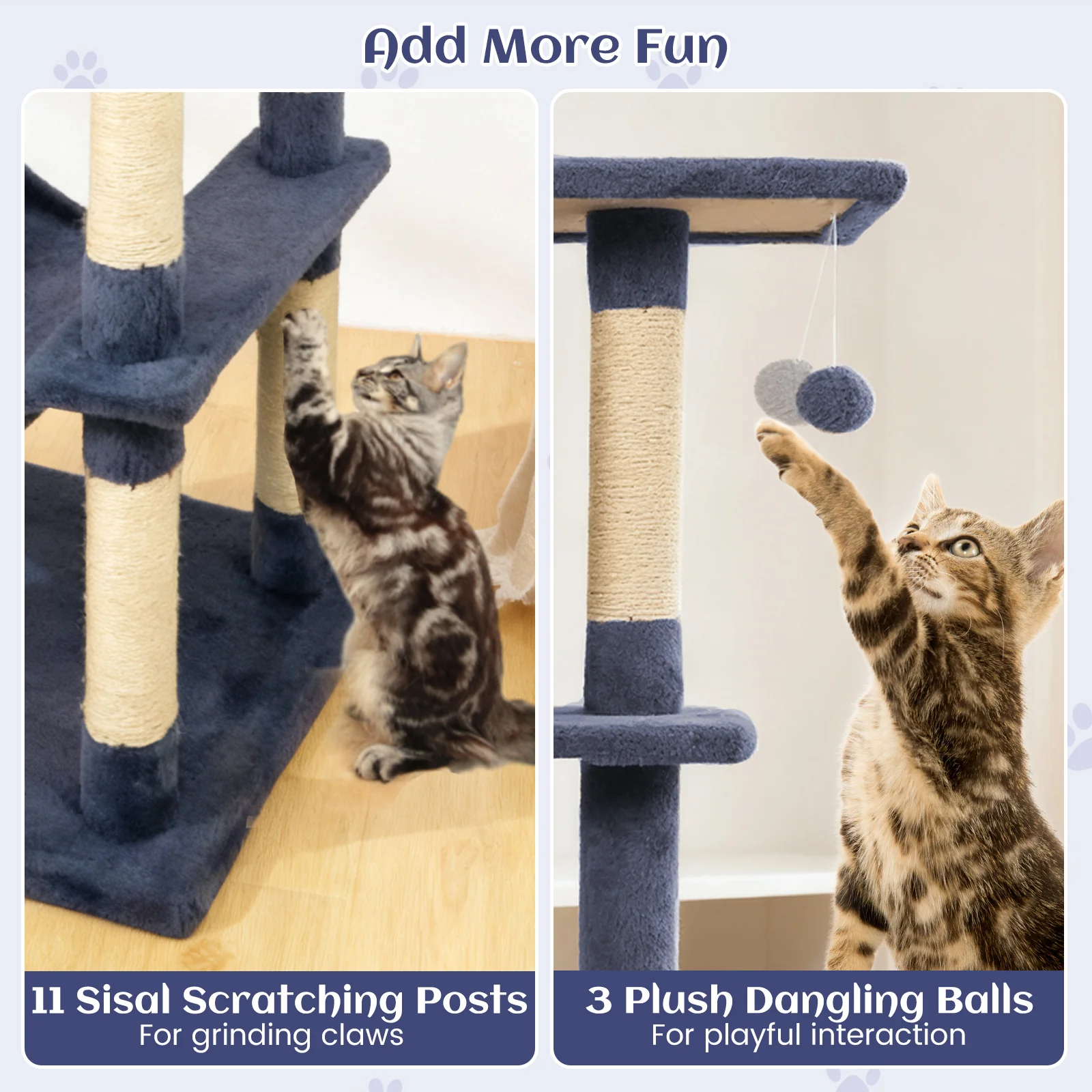 80 Inches Tall Cat Tree with 2 Large Condos and Dangling Toys, Dark Gray - Image 10