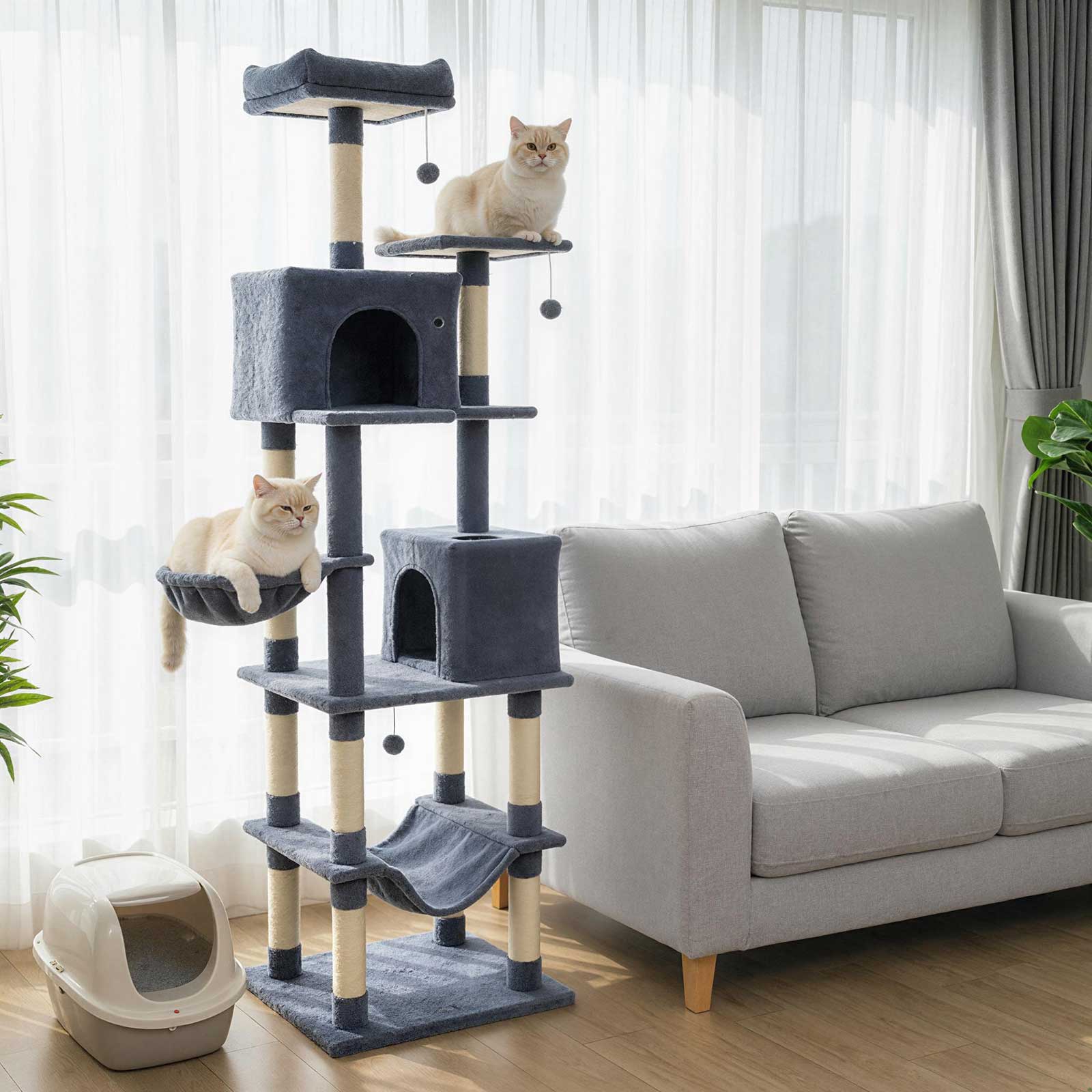 80 Inches Tall Cat Tree with 2 Large Condos and Dangling Toys, Dark Gray - Image 3