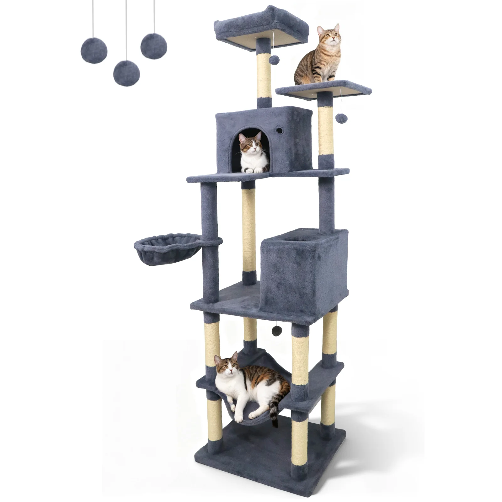 80 Inches Tall Cat Tree with 2 Large Condos and Dangling Toys, Dark Gray - Image 5