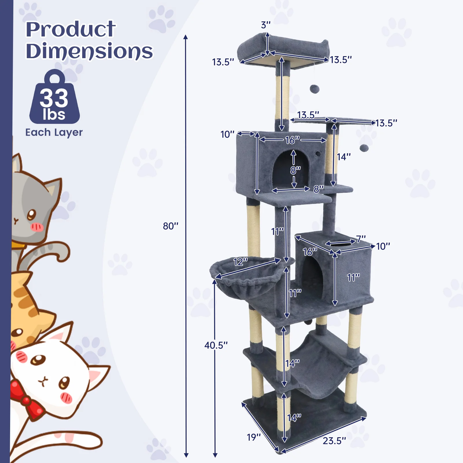 80 Inches Tall Cat Tree with 2 Large Condos and Dangling Toys, Dark Gray - Image 6