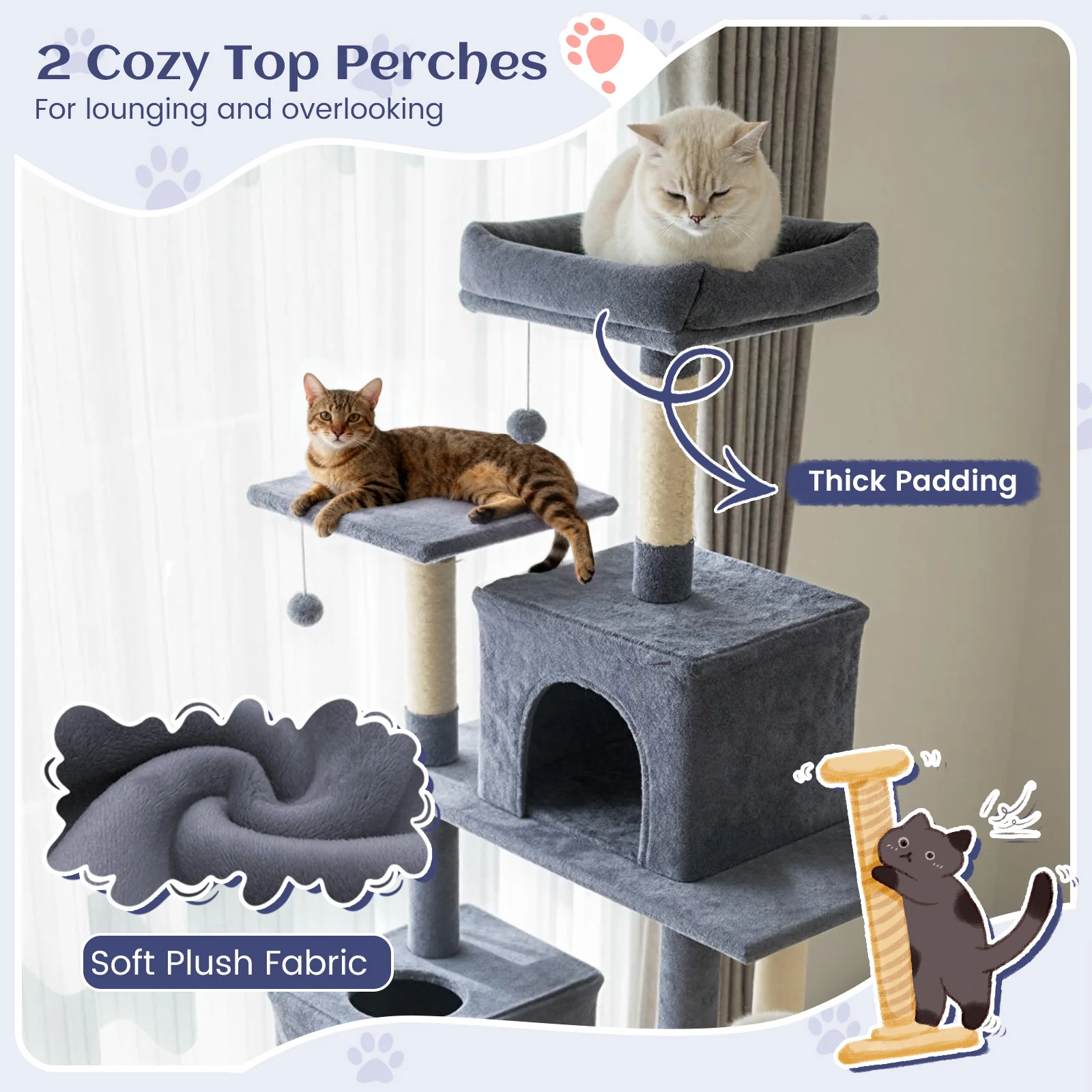 80 Inches Tall Cat Tree with 2 Large Condos and Dangling Toys, Dark Gray - Image 7