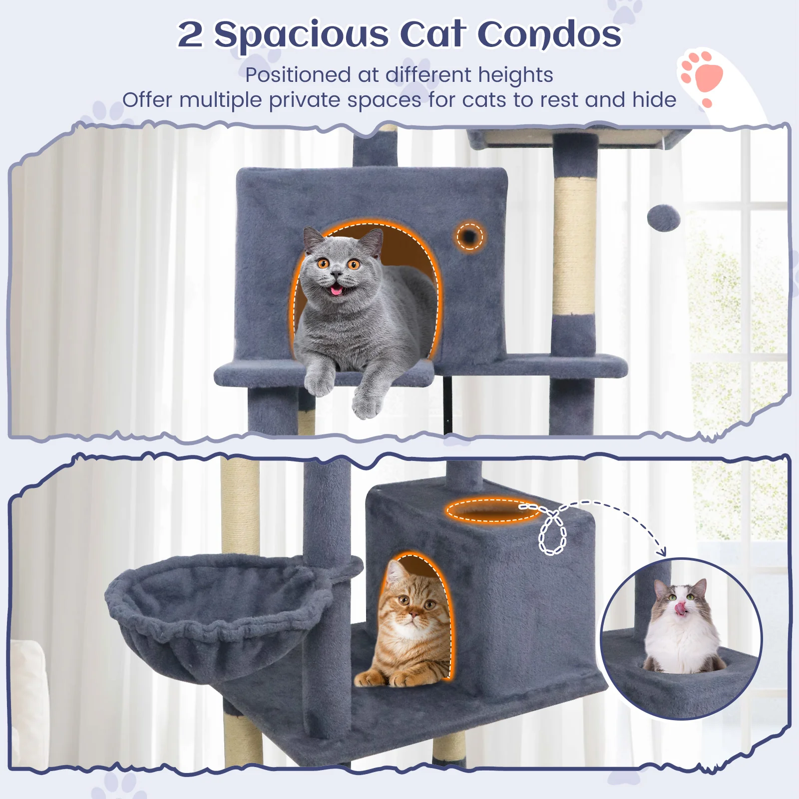 80 Inches Tall Cat Tree with 2 Large Condos and Dangling Toys, Dark Gray - Image 8