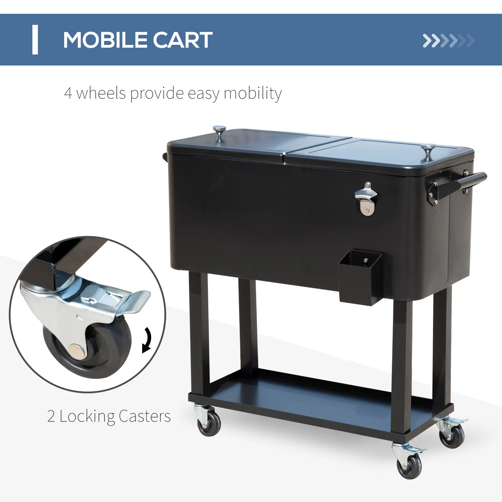 80 Quart Rolling Cooler Cart, Portable Ice Beverage Bin, Outdoor Party, Black - Image 5