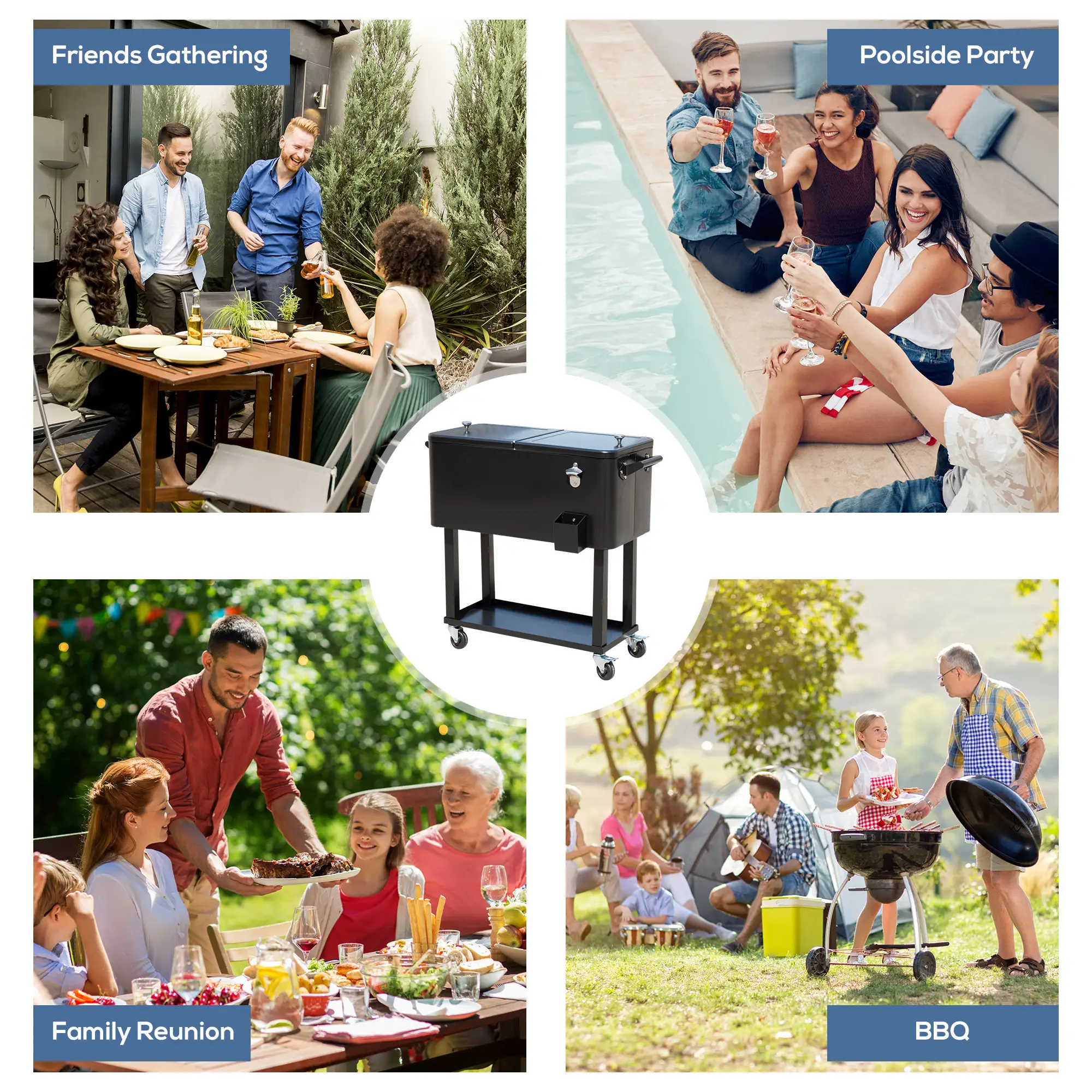 80 Quart Rolling Cooler Cart, Portable Ice Beverage Bin, Outdoor Party, Black - Image 7