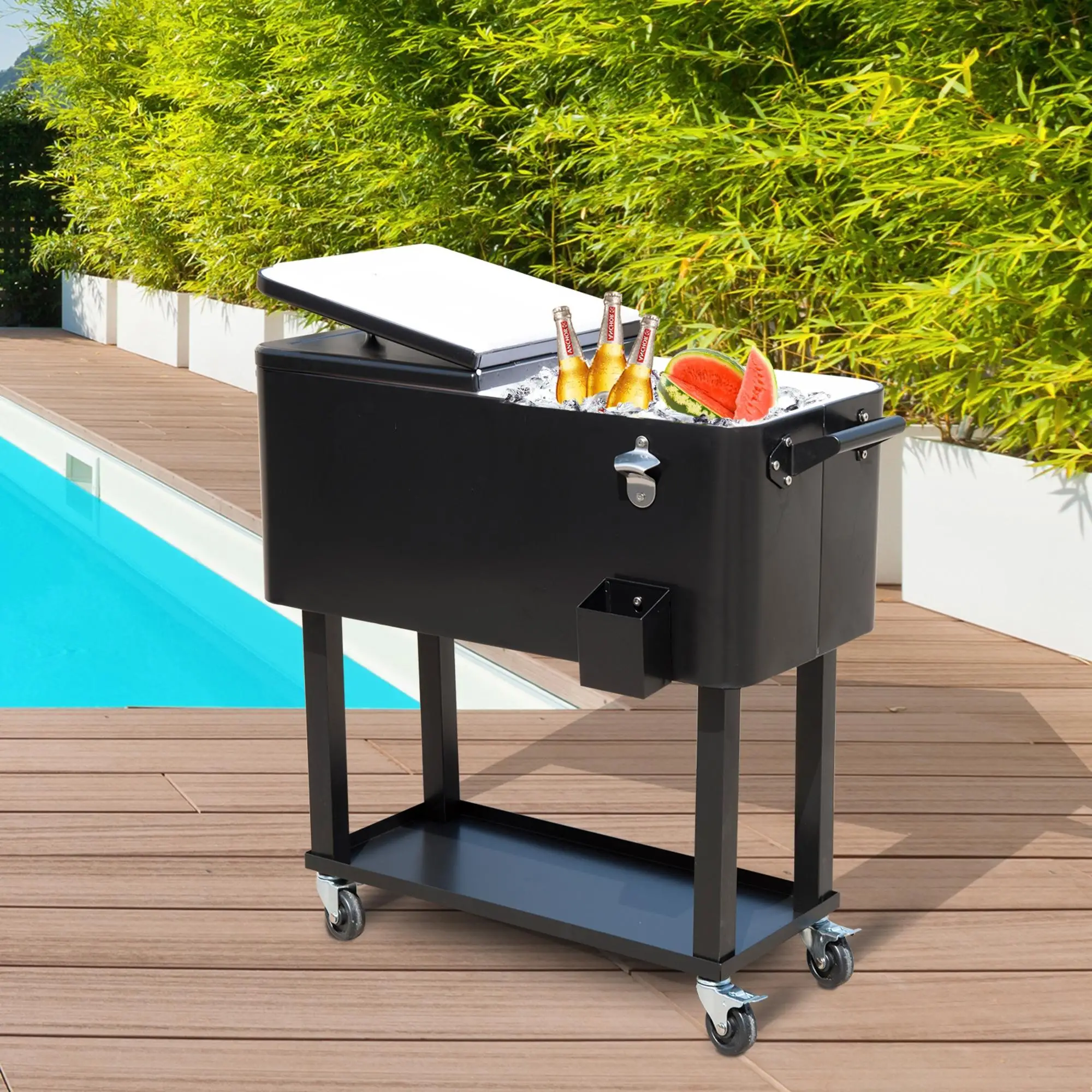 80 Quart Rolling Cooler Cart, Portable Ice Beverage Bin, Outdoor Party, Black - Image 8