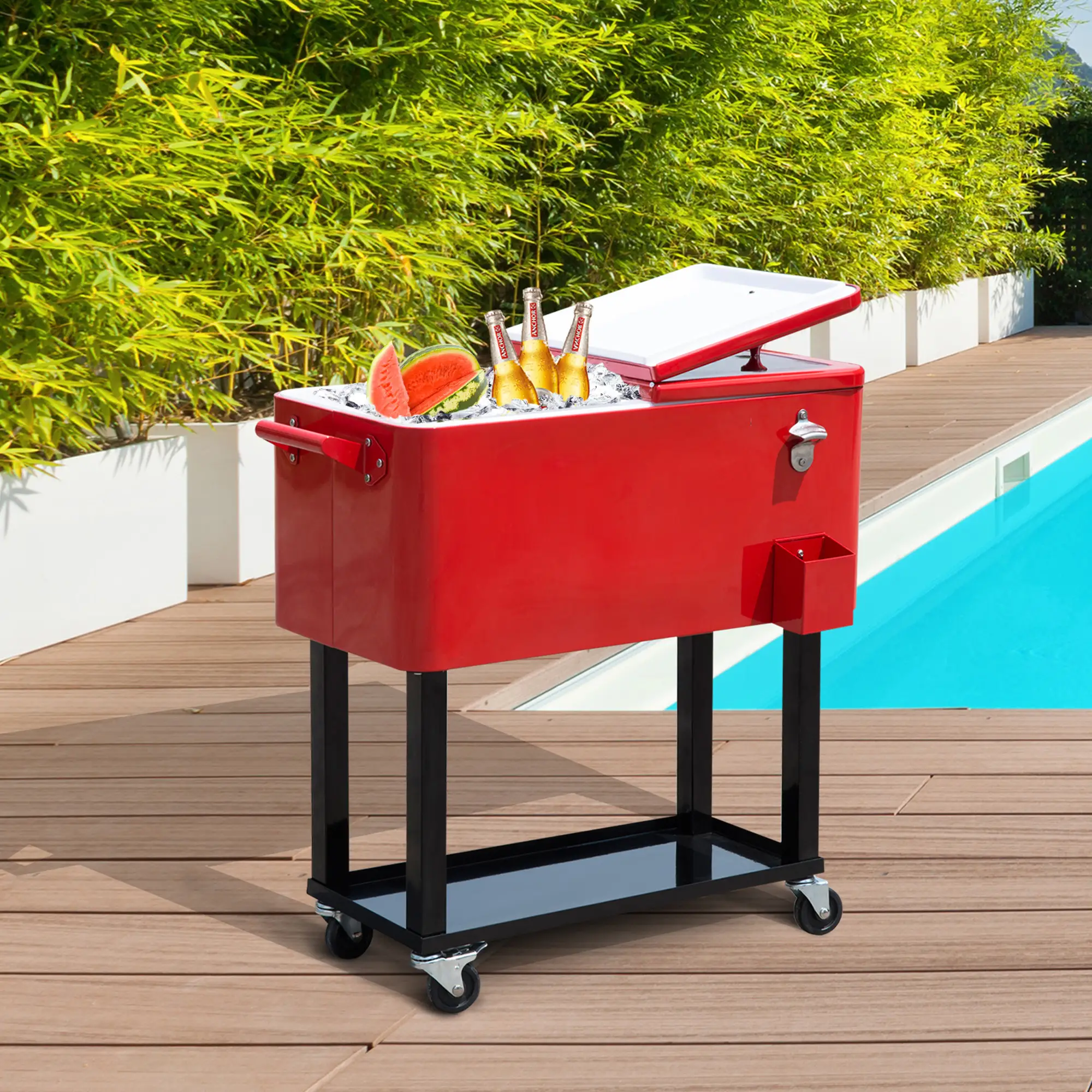 80 Quart Rolling Cooler Cart, Portable Ice Bin, Outdoor Party, Red - Image 2